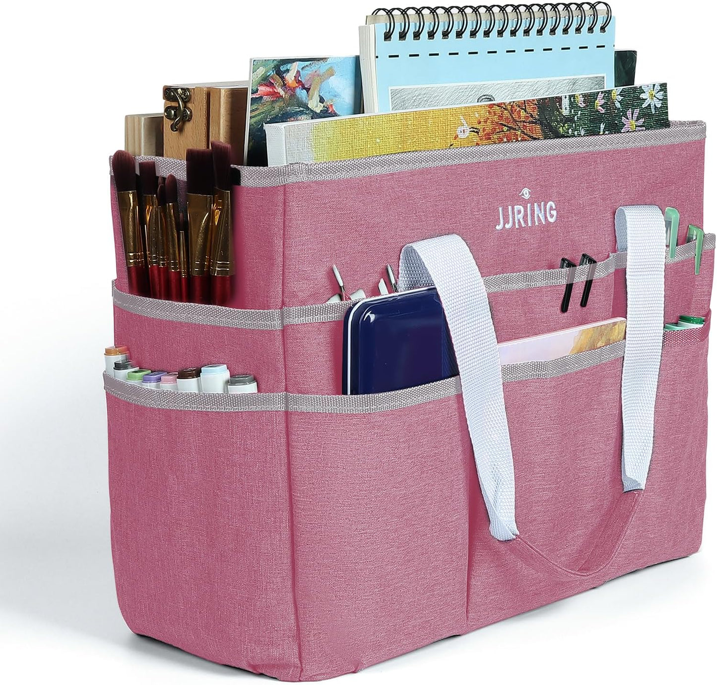 JJRING Craft Organizer Tote Bag, Large Art Storage Caddy with Multiple Pockets, Bluish Green Sewing Bag for Art, Craft, Scrapbooking, School, Medical, and Office Supplies Storage