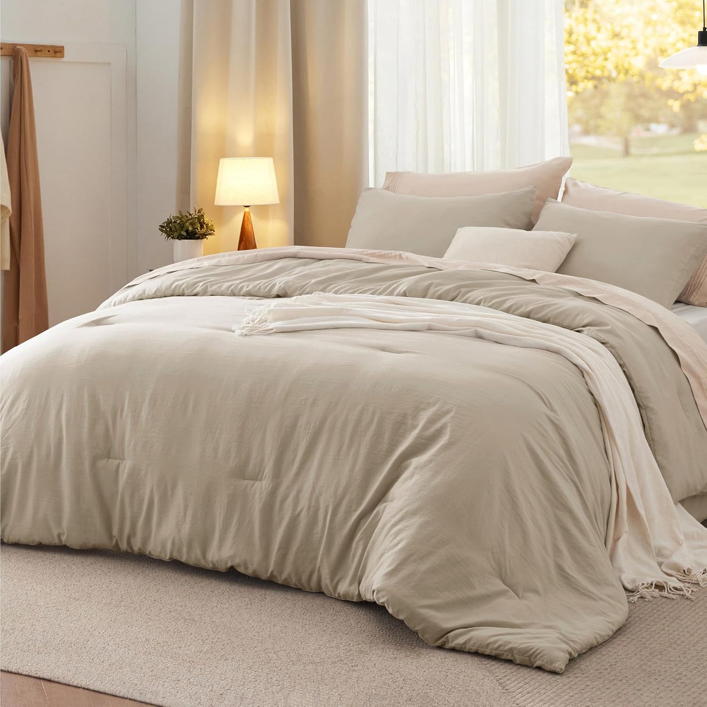 Bedsure King Comforter Set, Beige Soft Prewashed Bedding for All Seasons, 3 Pieces GentleSoft™ Bed Set, 1 Lightweight Comforter (104"x90") and 2 Pillowcases (20"x36")
