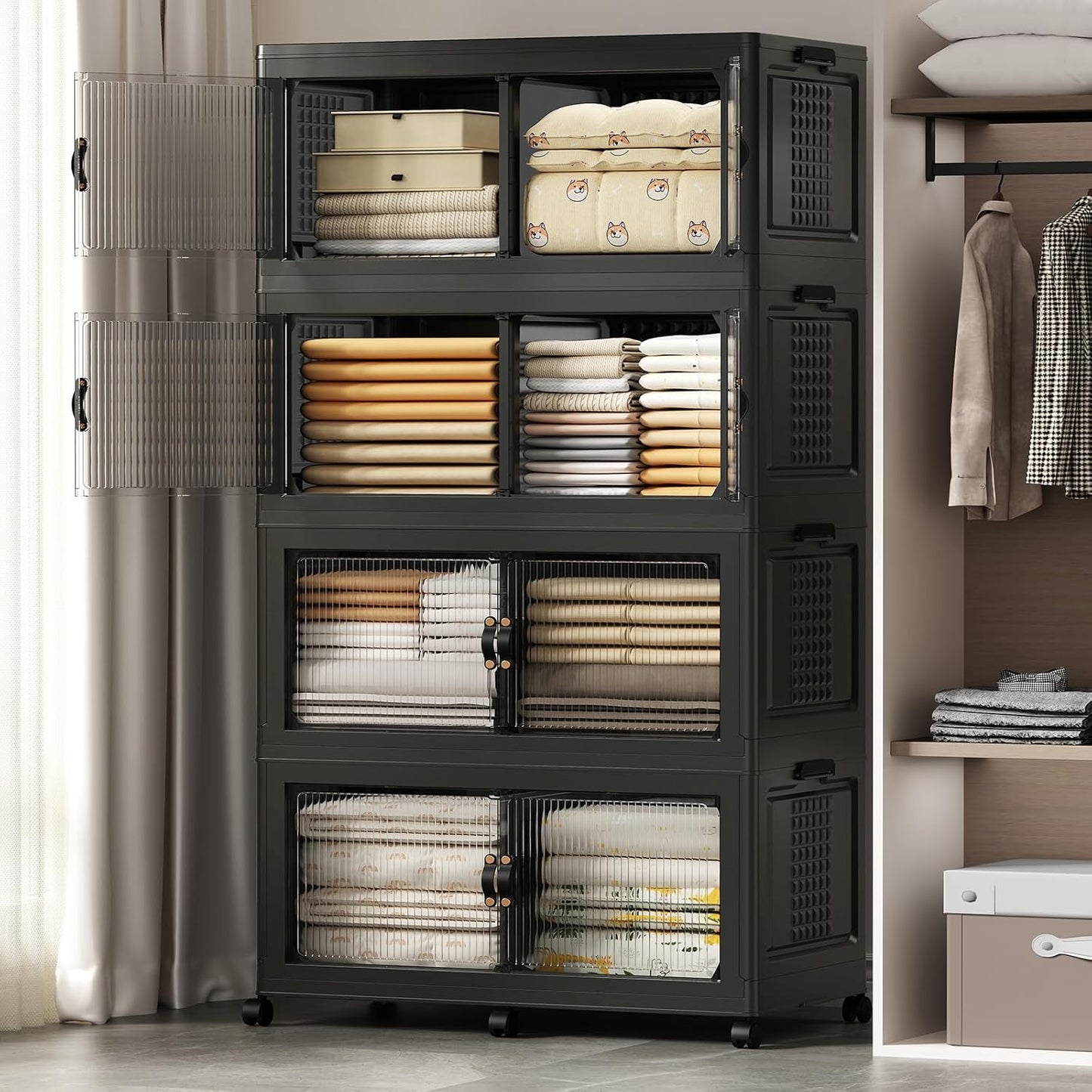 SAILUN 145Gal/580Qt Collapsible & Stackable Storage Bins with Door & a Lid,Perfect for Blanket Storage, Pillow Organizer, Bedroom Closet & Living Room, Black 26" W x 17" D x 71" H
