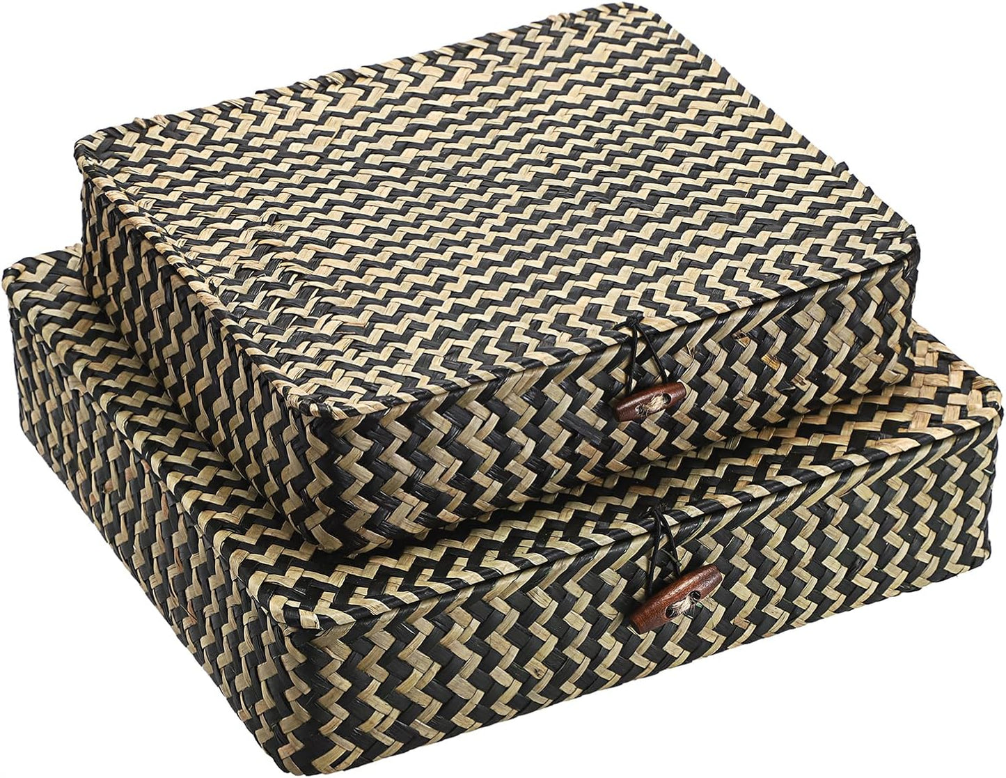 Hipiwe Set of 2 Flat Woven Wicker Storage Bins with Lid Natural Seagrass Basket Multipurpose Home Boxes for Shelf Organizer (Coffee)