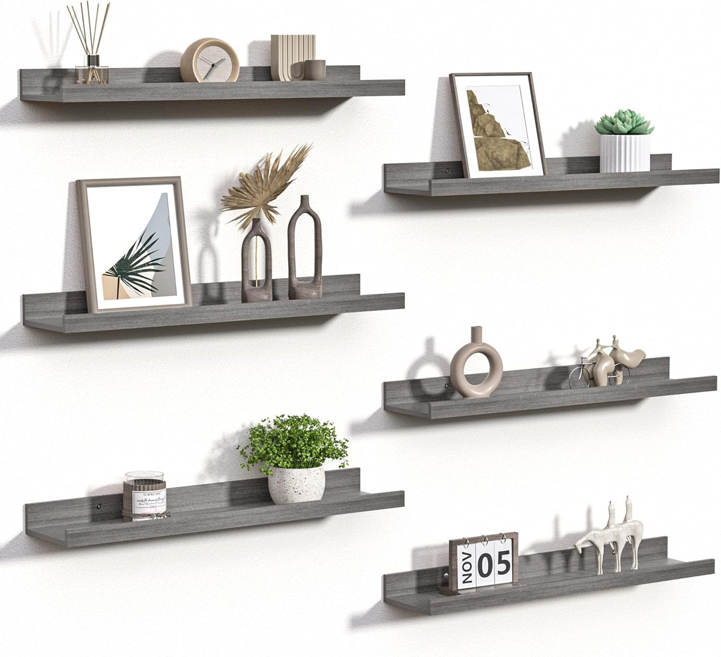 upsimples Floating Shelves for Wall, Wall Shelves for Decor Storage Set of 6, Wall Mounted Wood Shelf for Bedroom, Living Room, Bathroom, Kitchen, Picture Ledge Shelf, Black