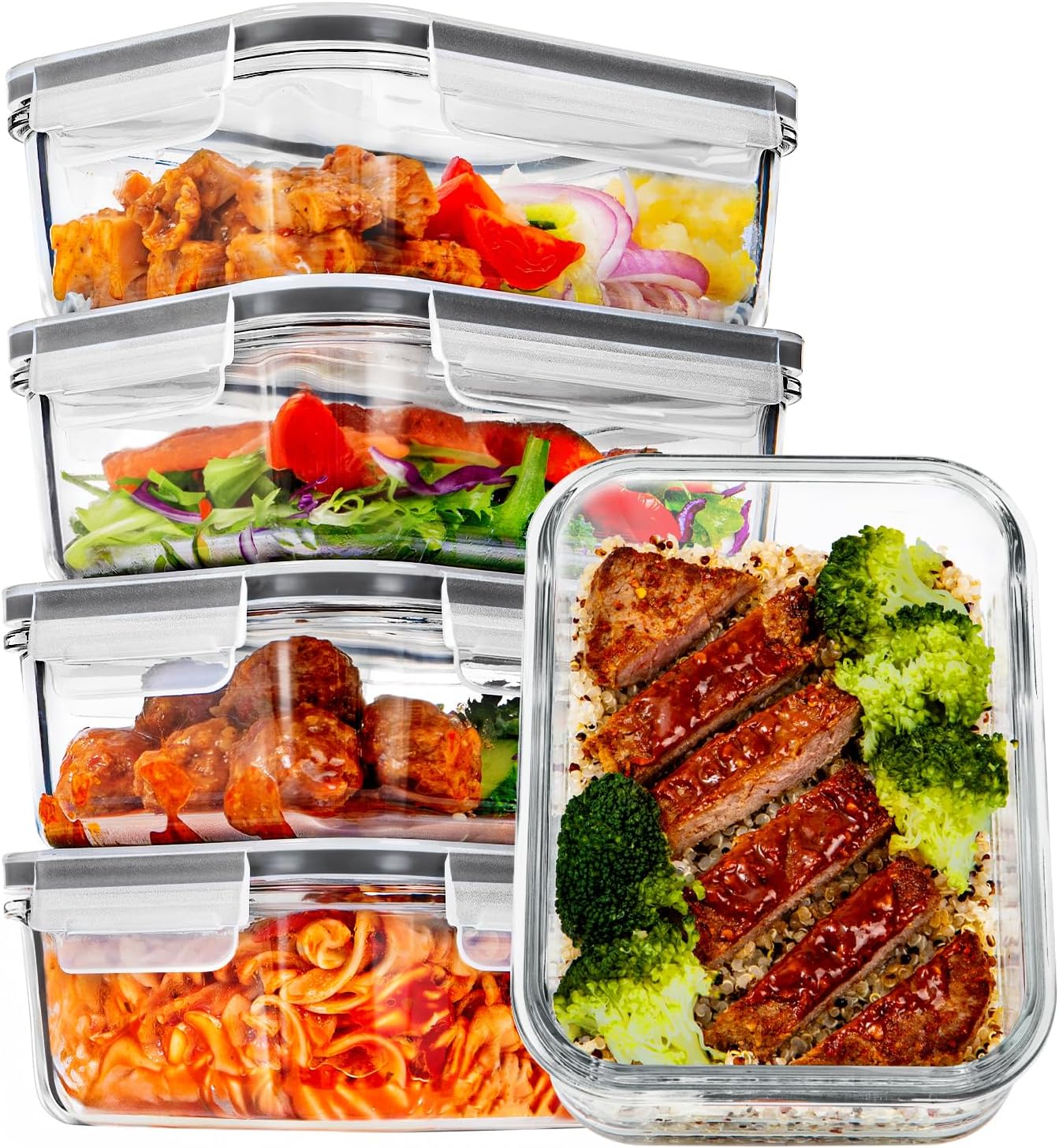 Vtopmart 5Pack 22oz Glass Storage Containers with Lids, Glass Meal Prep Food Container Sets with Snap Airtight Lids for Microwave, Oven, Freezer and Dishwasher, Grey