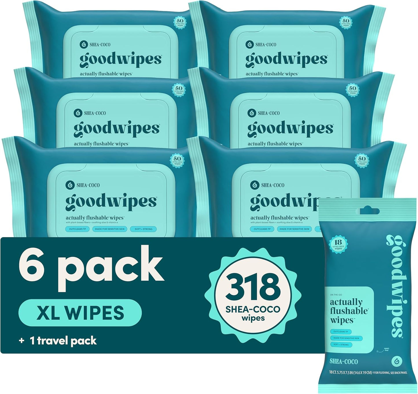 goodwipes Flushable Butt Wipes - Vitamin E & Aloe - Sewer & Septic Safe - Extra Large Adult Wet Wipes For Women & Men - Bathroom Essentials - Rosewater, 318 Count (6 Packs + 1 Travel)