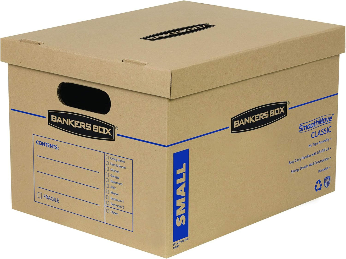 Bankers Box Small Classic Moving Box 10 Pack, Reinforced Handles, Tape-Free Assembly, Box with Lid, 15-In x 12-In x 10-In (7714901)