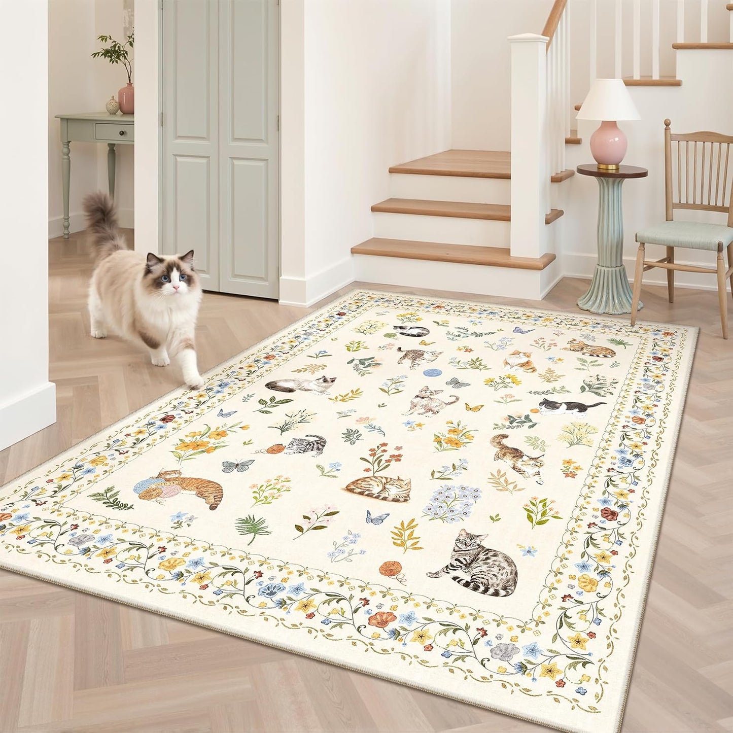Washable Area Rug 8x10, Large Soft Rugs for Living Room Vintage Beige Carpet 8x10 Area Rugs for Bedroom Dining Room Non-Slip Stain Resistant Under Table Rug