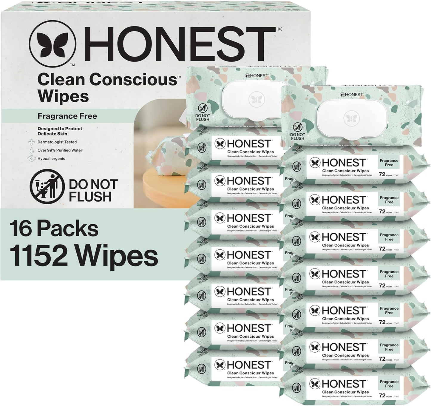 The Honest Company Baby Wipes for Sensitive Skin, Hypoallergenic, Fragrance-Free, Multi-Use, Pattern Play Design, 720 Count (8 Packs of 90)