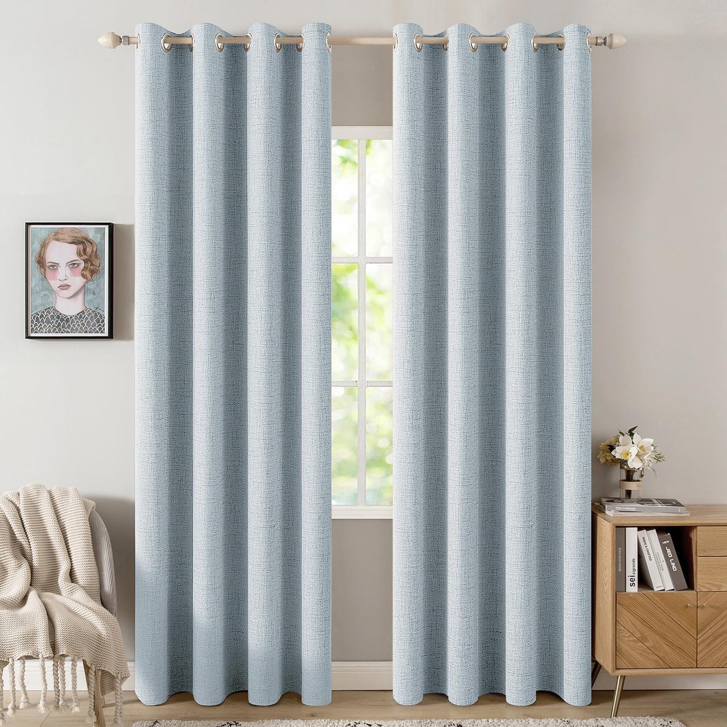 MIULEE 100% Blackout Linen Textured Curtains for Bedroom Solid Thermal Insulated Natural Beige Grommet Room Darkening Curtains & Drapes Luxury Decor for Living Room Nursery 52 x 84 Inch (2 Panels)