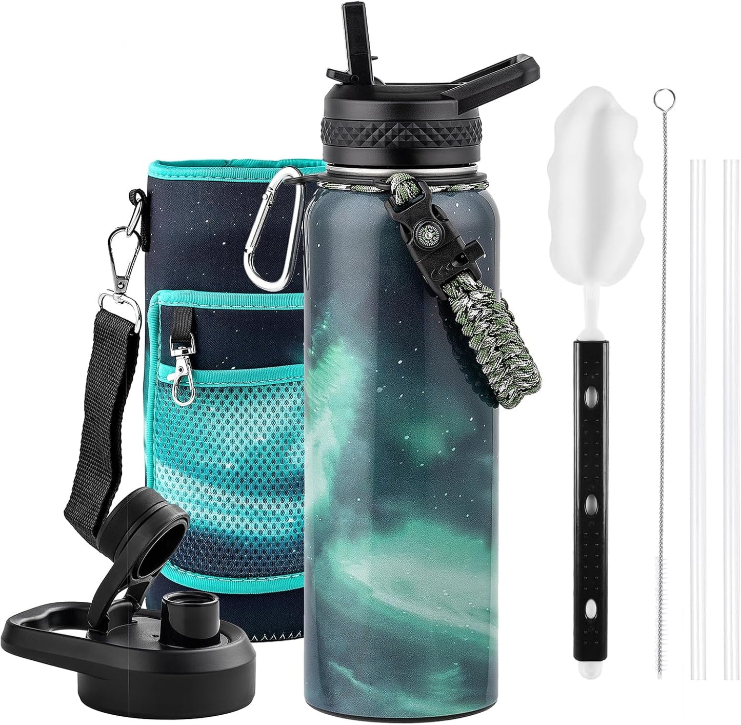 One Gallon Water Bottle Insulated, Triple Walled Vacuum Stainless Steel (Cold for 48 Hrs), Leak Proof & Non-BPA, Large Water Flask Jug with Paracord Handle & Straw Spout Lids