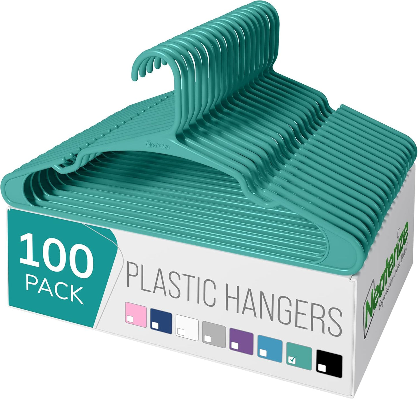 NEATERIZE Clothes Hangers Plastic 100 Pack for Adults - Plastic Hangers, The Perfect Coat Hanger and Space Saving Clothes Hangers for Closet - White Hangers