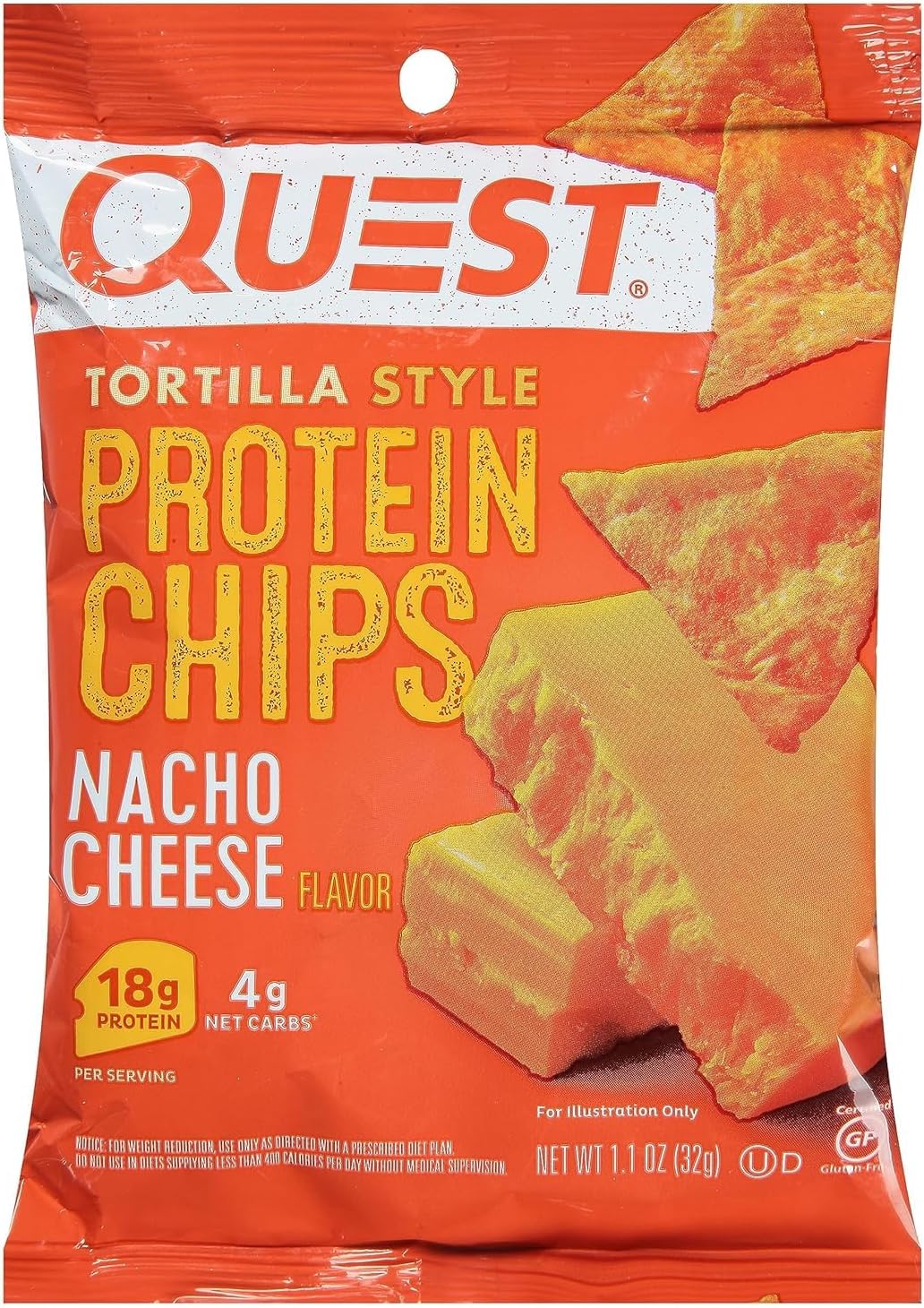 Quest Nutrition Nacho Cheese Tortilla Style Protein Chips, 18g Protein, 4g Net Carb, Low Carb, Gluten Free, 1.1 oz (Pack of 12)