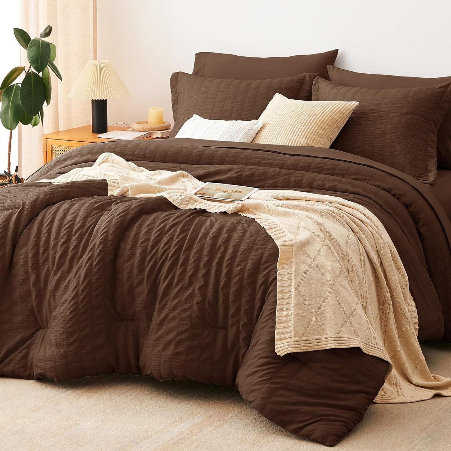 CozyLux Queen Comforter Set White Seersucker 7 Pieces Bed in a Bag Queen Comforter Set with Sheets, Luxury Soft Bedding Set with Down Alternative Comforter, Sheets, Pillowcases & Shams for All Seasons