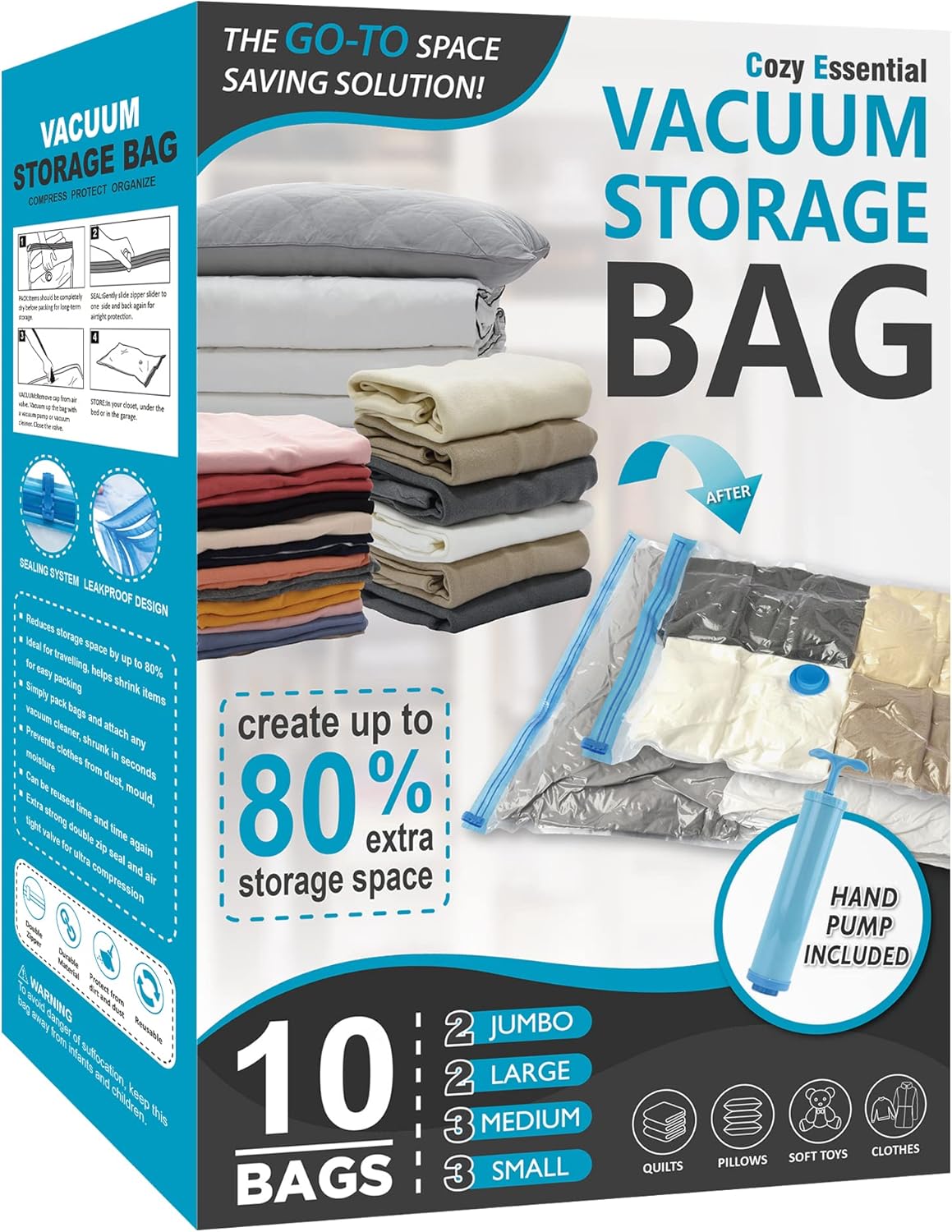Cozy Essential Vacuum Storage Bags, 80% Compression Vacuum Seal Space Saver Plastic Packaging Bags for Clothes, Blankets, Pillow, Bedding, Comforters, Sealer Clothing Storage,20 Combo