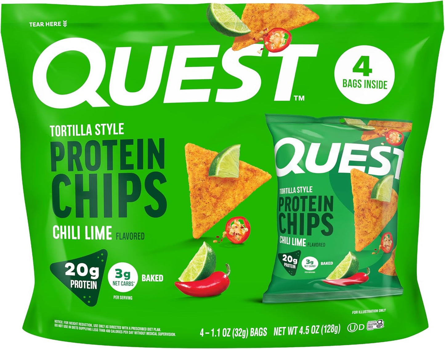 Quest Nutrition Nacho Cheese Tortilla Style Protein Chips, 18g Protein, 4g Net Carb, Low Carb, Gluten Free, 1.1 oz (Pack of 12)