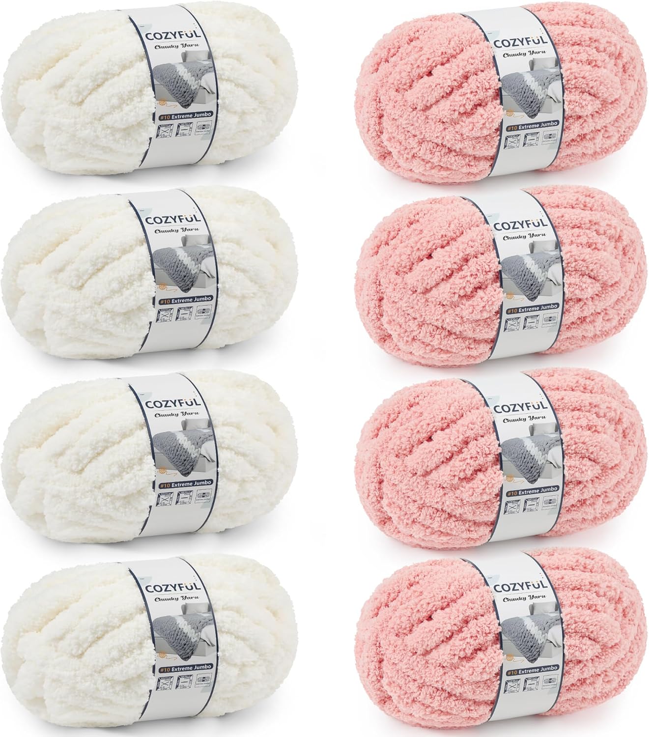 Chunky Yarn for Hand Knitting - #10 Chunky Chenille Yarn, Jumbo Big Thick Chunky Yarns for Crocheting, Super Bulky Chunky Knit Blanket Yarns, 8 Skein (25 yds 8 oz Each Skein), Cream