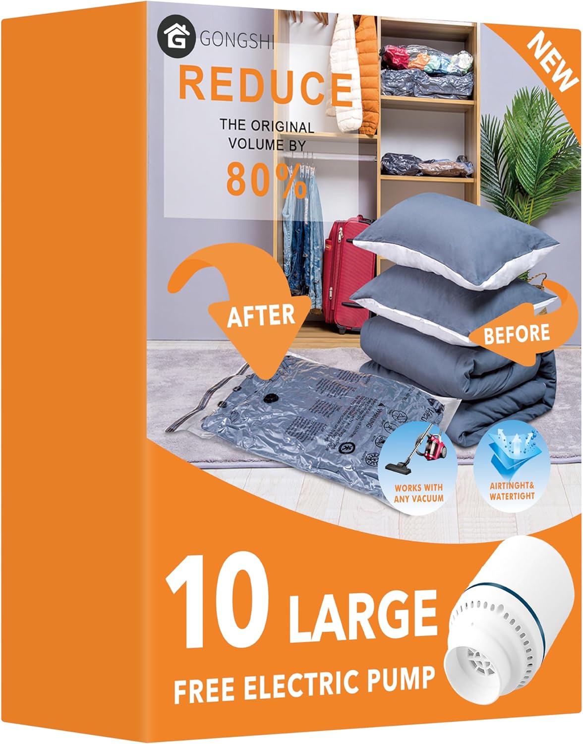 GONGSHI Vacuum Storage Bags, Space Saver Bags for Clothing,Blankets,Comforters, Pillows, Clothes,Travel,12 Jumbo