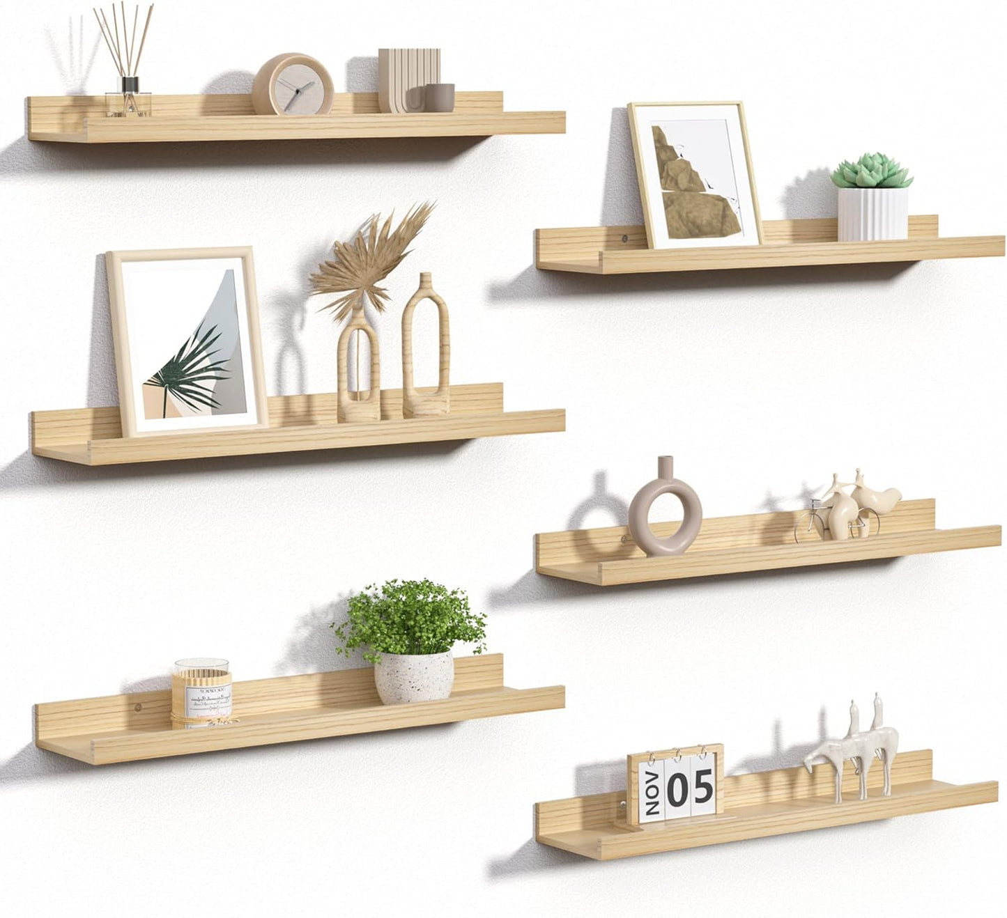 upsimples Floating Shelves for Wall, Wall Shelves for Decor Storage Set of 6, Wall Mounted Wood Shelf for Bedroom, Living Room, Bathroom, Kitchen, Picture Ledge Shelf, Black