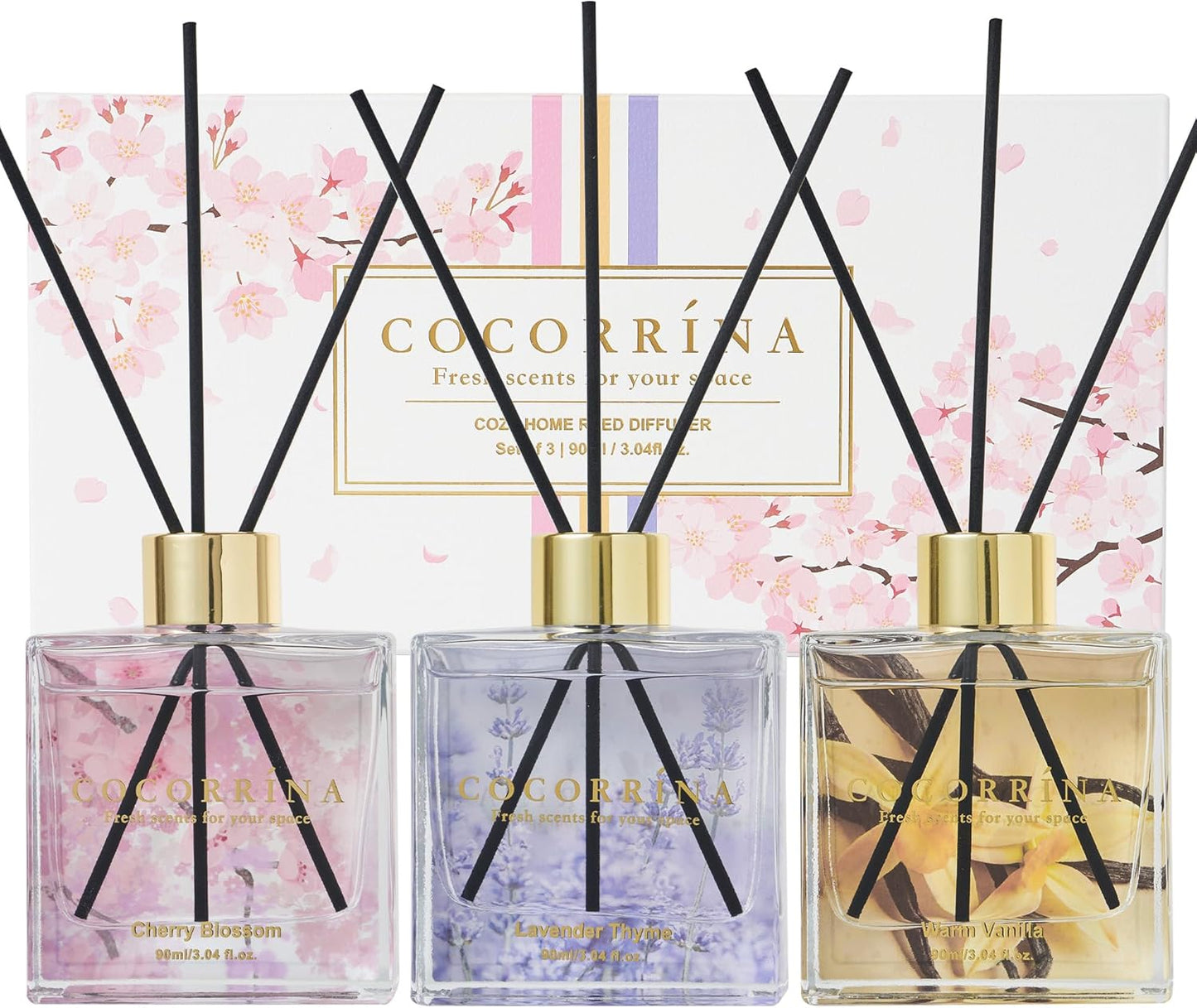 COCORRÍNA Reed Diffuser Set of 3-3 Pack/ 3.04 Fl.oz Diffuser with 24 Sticks Cashmere Vanilla/Sandalwood Rose/Clean Linen Reed Diffuser for Home Bathroom Office Decor