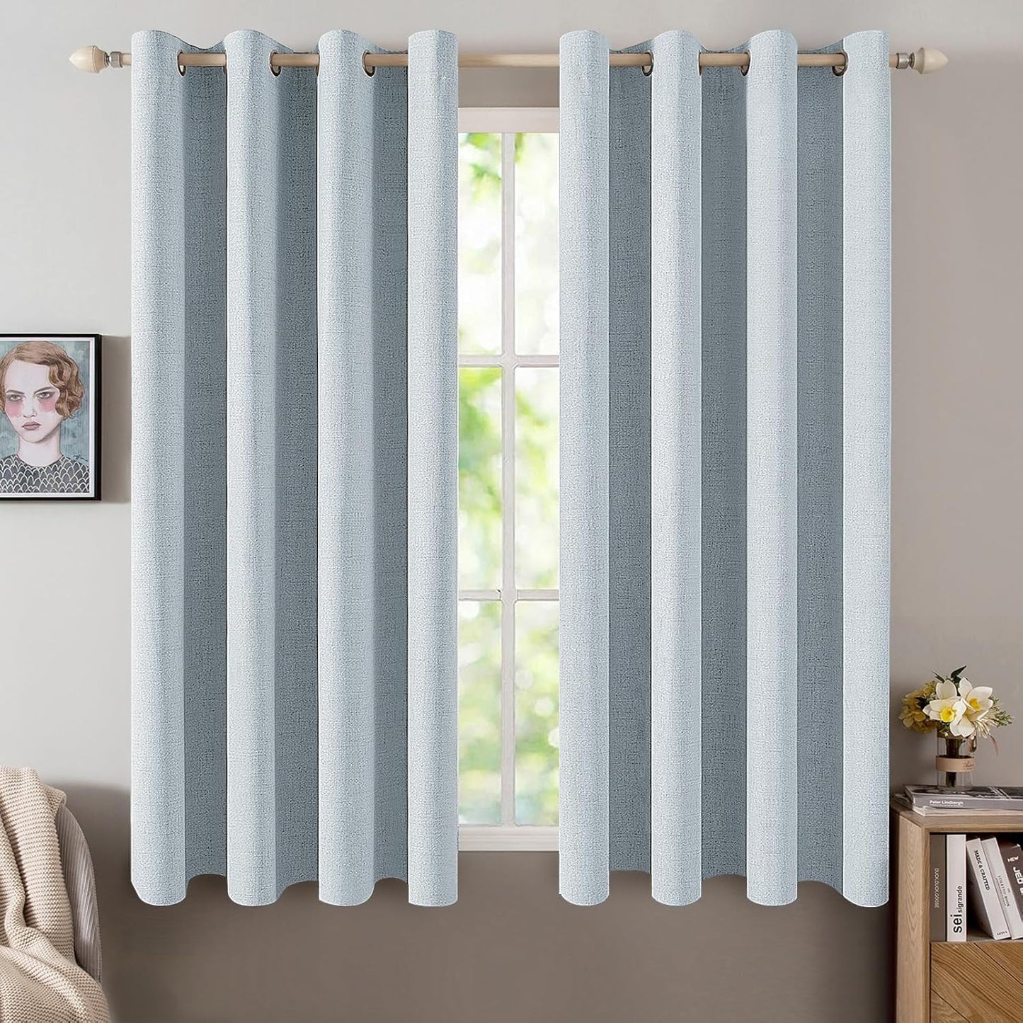 MIULEE 100% Blackout Linen Textured Curtains for Bedroom Solid Thermal Insulated Natural Beige Grommet Room Darkening Curtains & Drapes Luxury Decor for Living Room Nursery 52 x 84 Inch (2 Panels)