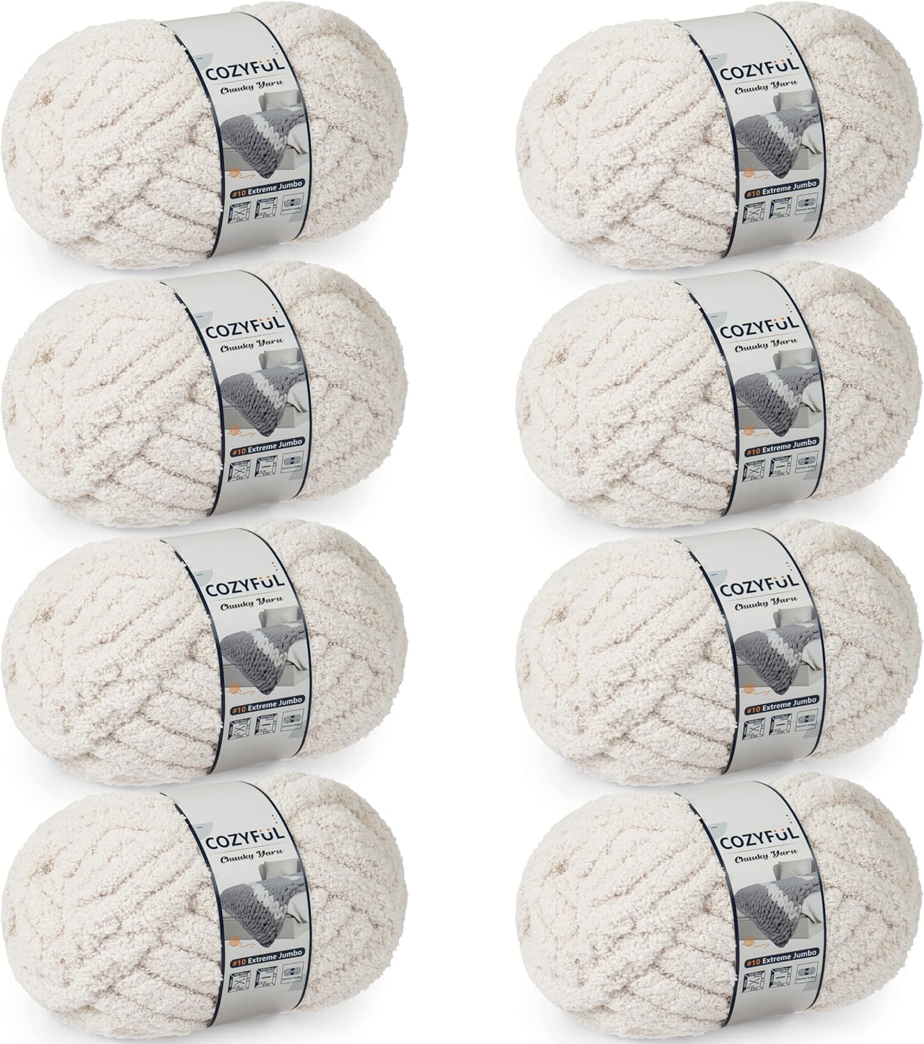 Chunky Yarn for Hand Knitting - #10 Chunky Chenille Yarn, Jumbo Big Thick Chunky Yarns for Crocheting, Super Bulky Chunky Knit Blanket Yarns, 8 Skein (25 yds 8 oz Each Skein), Cream