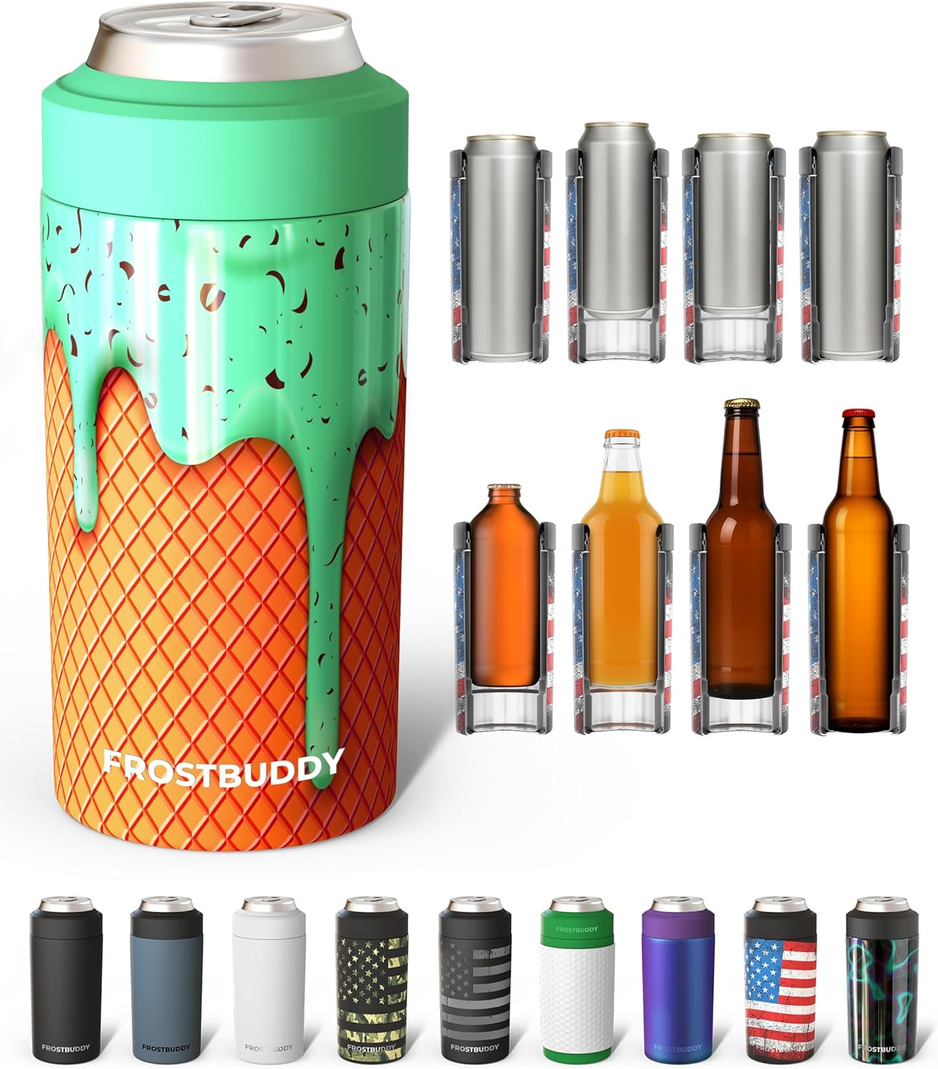 Frost Buddy Universal Can Cooler - Fits All - For Regular 12 & 16 oz or Slim-Size Bottles - Insulated Double-Walled Stainless Steel (MatteBlack)