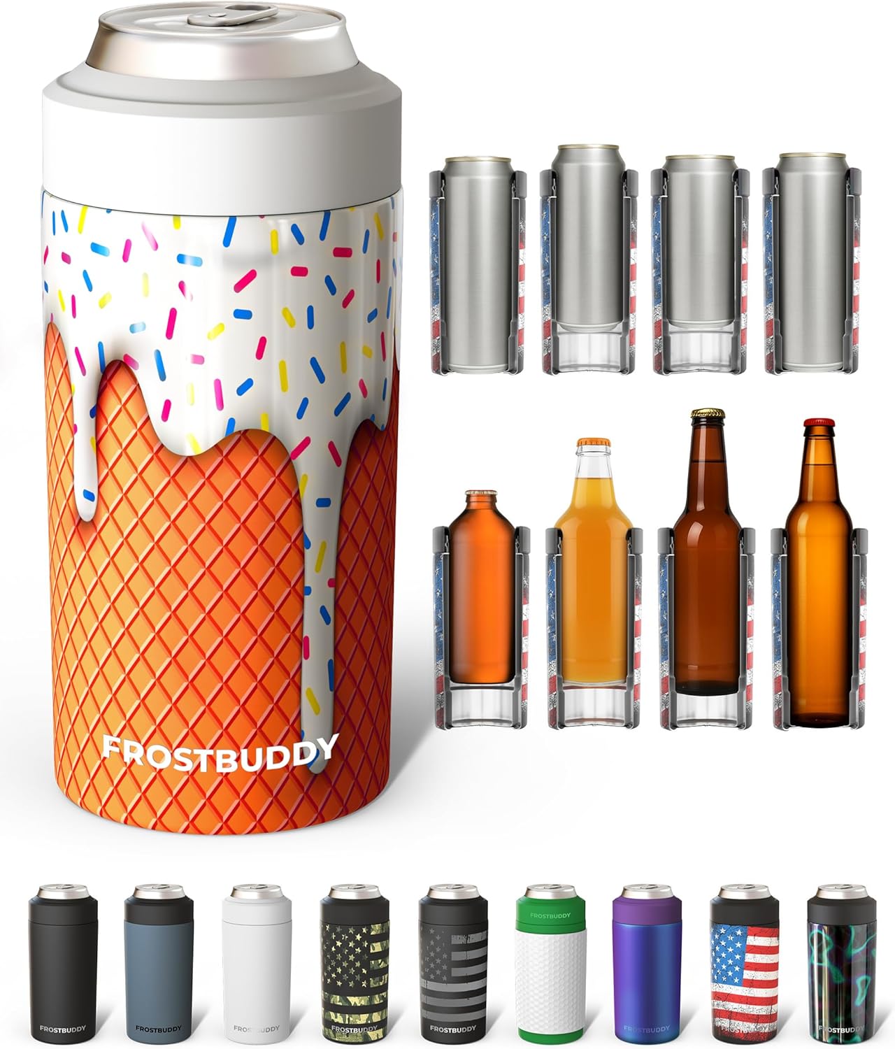 Frost Buddy Universal Can Cooler - Fits All - For Regular 12 & 16 oz or Slim-Size Bottles - Insulated Double-Walled Stainless Steel (MatteBlack)