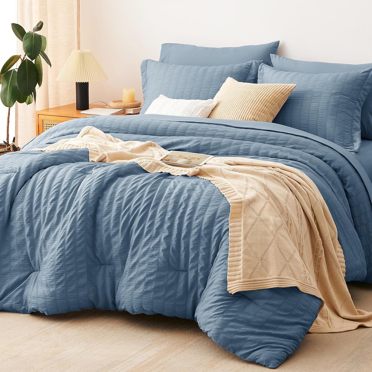 CozyLux Queen Comforter Set White Seersucker 7 Pieces Bed in a Bag Queen Comforter Set with Sheets, Luxury Soft Bedding Set with Down Alternative Comforter, Sheets, Pillowcases & Shams for All Seasons