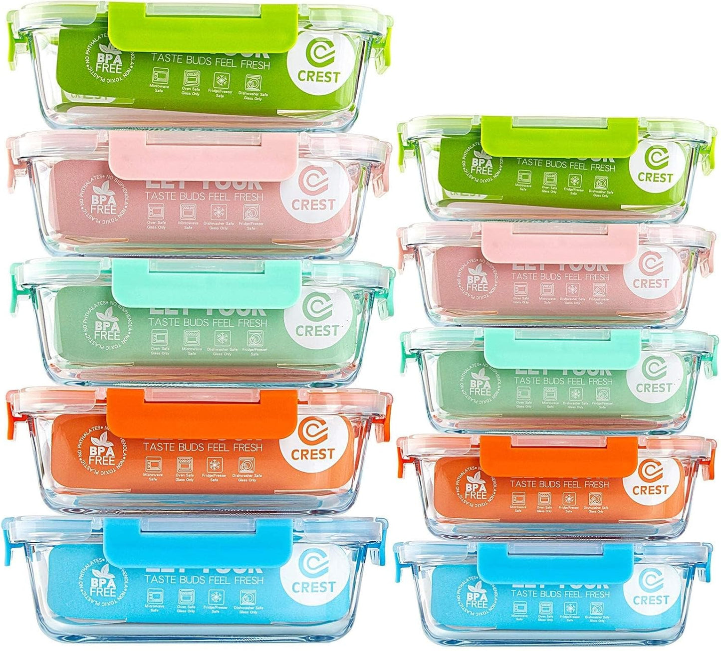 C CREST [10 Pack] Glass Meal Prep Containers, Food Storage Containers with Lids Airtight, Glass Lunch Boxes, Microwave, Oven, Freezer and Dishwasher Safe