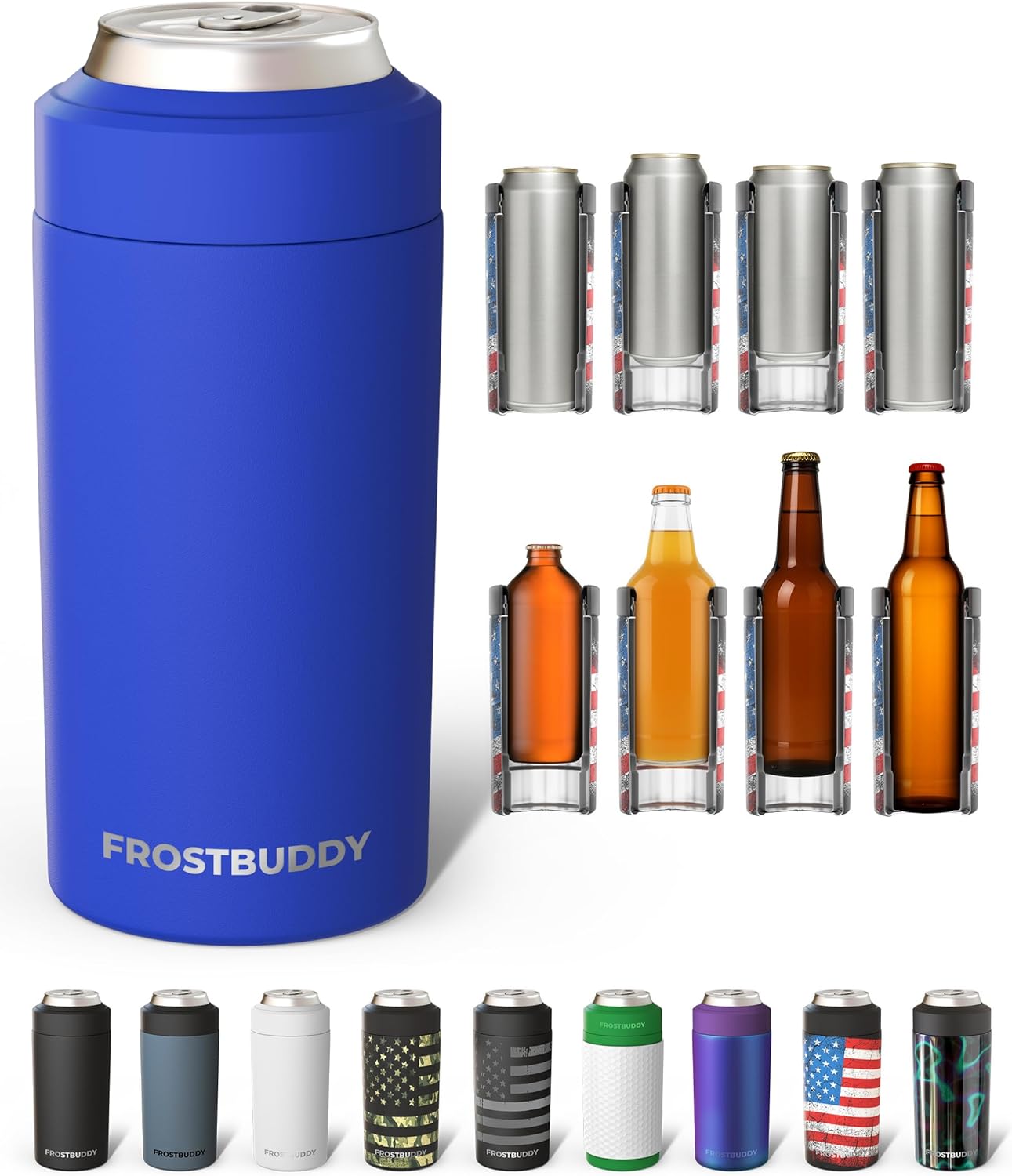 Frost Buddy Universal Can Cooler - Fits All - For Regular 12 & 16 oz or Slim-Size Bottles - Insulated Double-Walled Stainless Steel (MatteBlack)