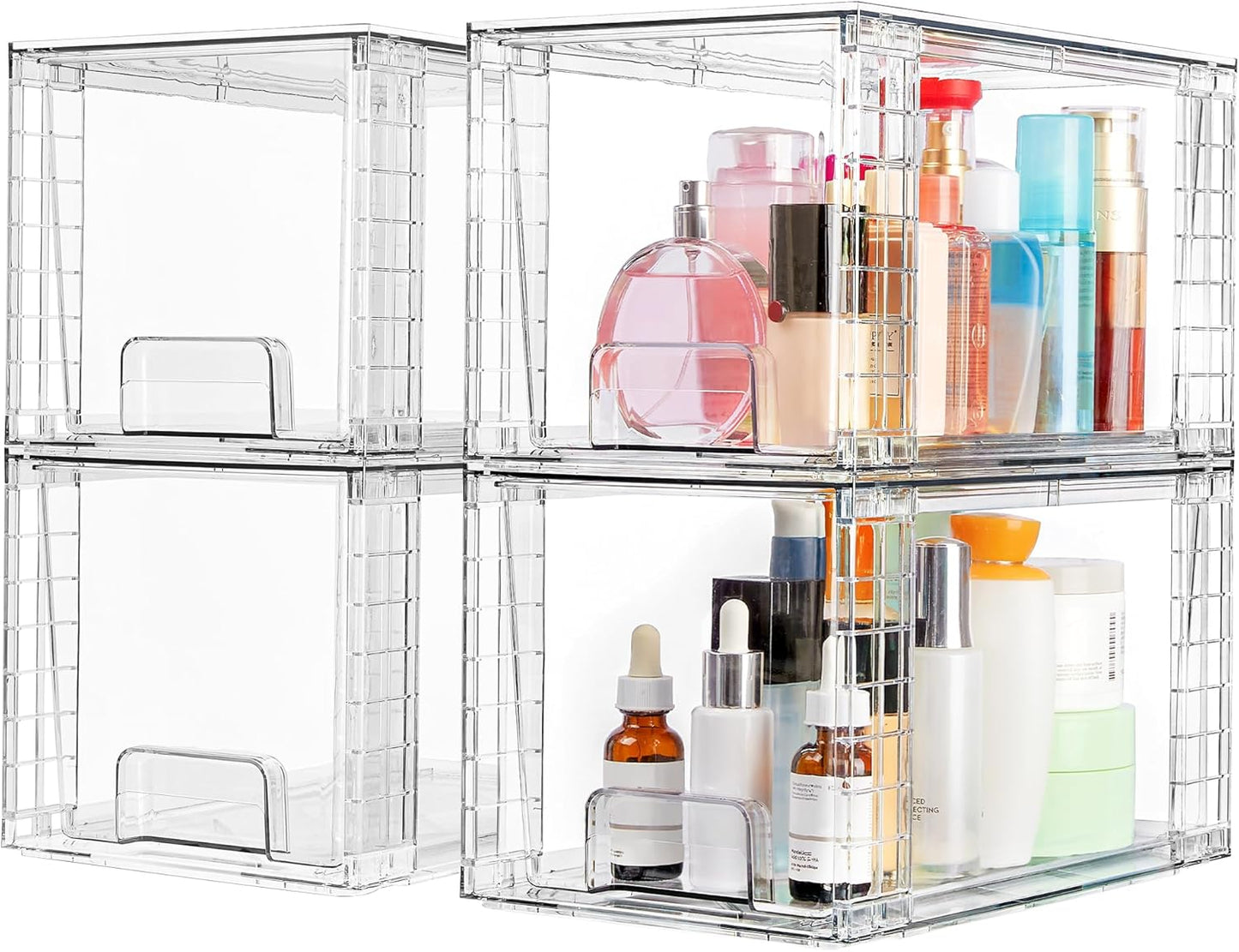 Vtopmart 4 Pack Large Stackable Storage Drawers,Easily Assemble Acrylic Bathroom Closet Undersink Organizers and Storage,Plastic Bins for Kitchen Cabinets,Pantry,Makeup,Medicine Organization