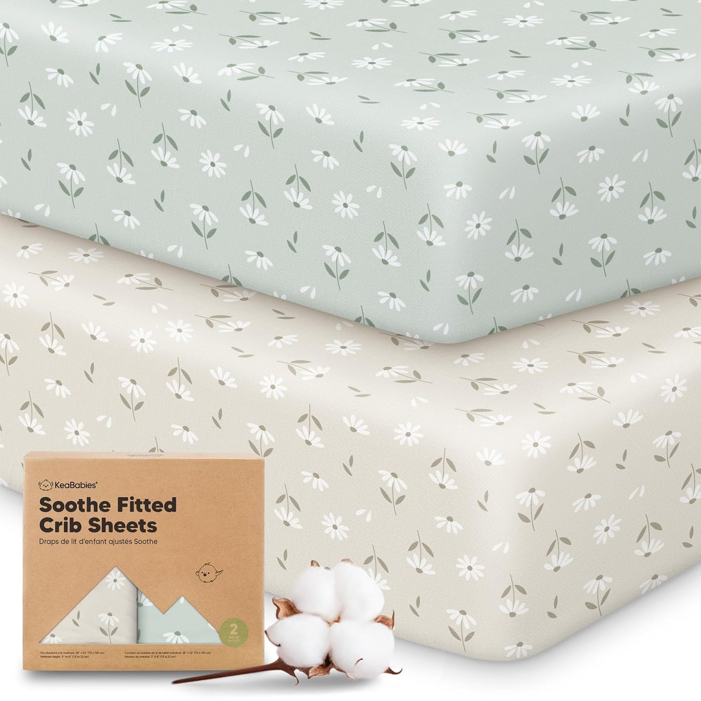 KeaBabies 2-Pack Organic Crib Sheets for Boys, Girls - 52x28 Fitted Crib Mattress Sheet Neutral, Breathable Jersey Cotton Cover for Baby Bed, Toddler Mattress, Soft & Cute Prints (Soft White)