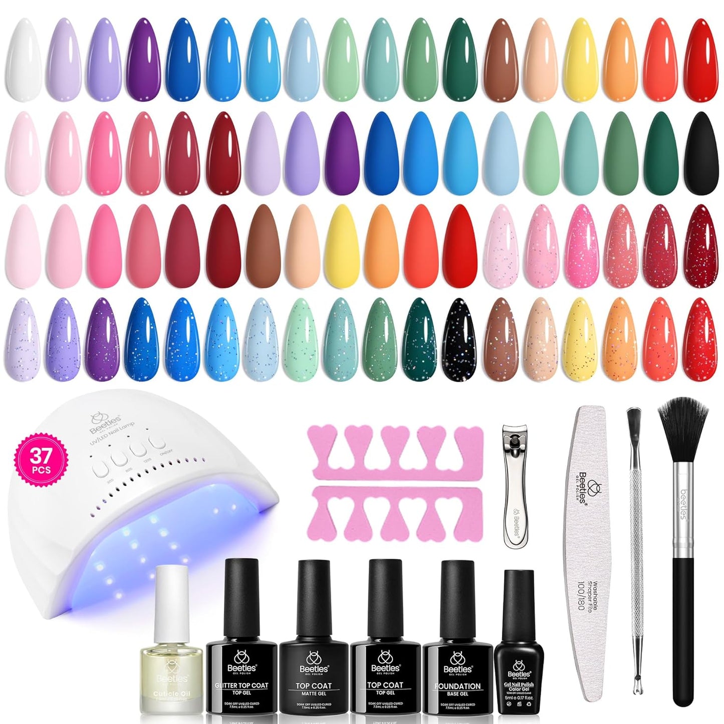 Beetles Gel Nail Polish Kit with U V Light - 80Pcs Color Enchantment 55 Colors Gel Polish Starter Kit with Base Top Coat DIY Nails Supply Stickers Manicure Tools Home Salon Gift for Women Teens Girls