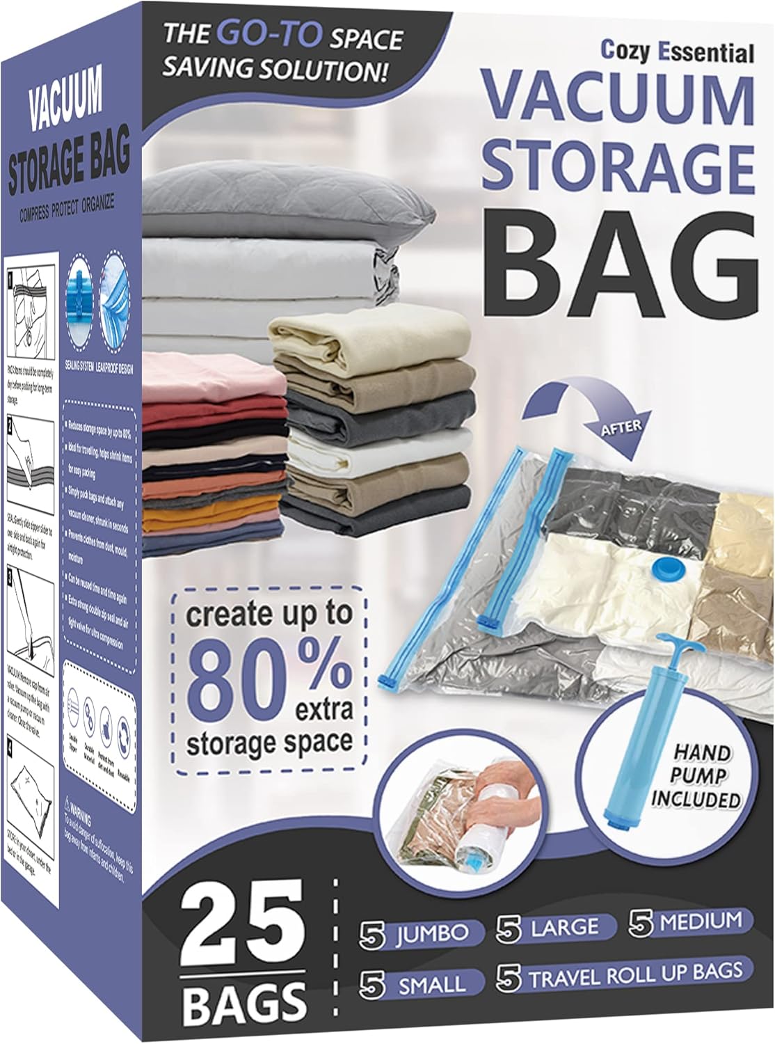 Cozy Essential Vacuum Storage Bags, 80% Compression Vacuum Seal Space Saver Plastic Packaging Bags for Clothes, Blankets, Pillow, Bedding, Comforters, Sealer Clothing Storage,20 Combo