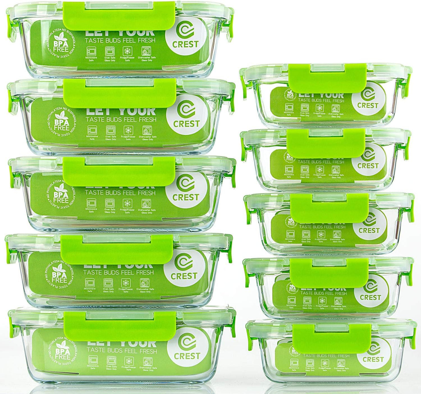 C CREST [10 Pack] Glass Meal Prep Containers, Food Storage Containers with Lids Airtight, Glass Lunch Boxes, Microwave, Oven, Freezer and Dishwasher Safe