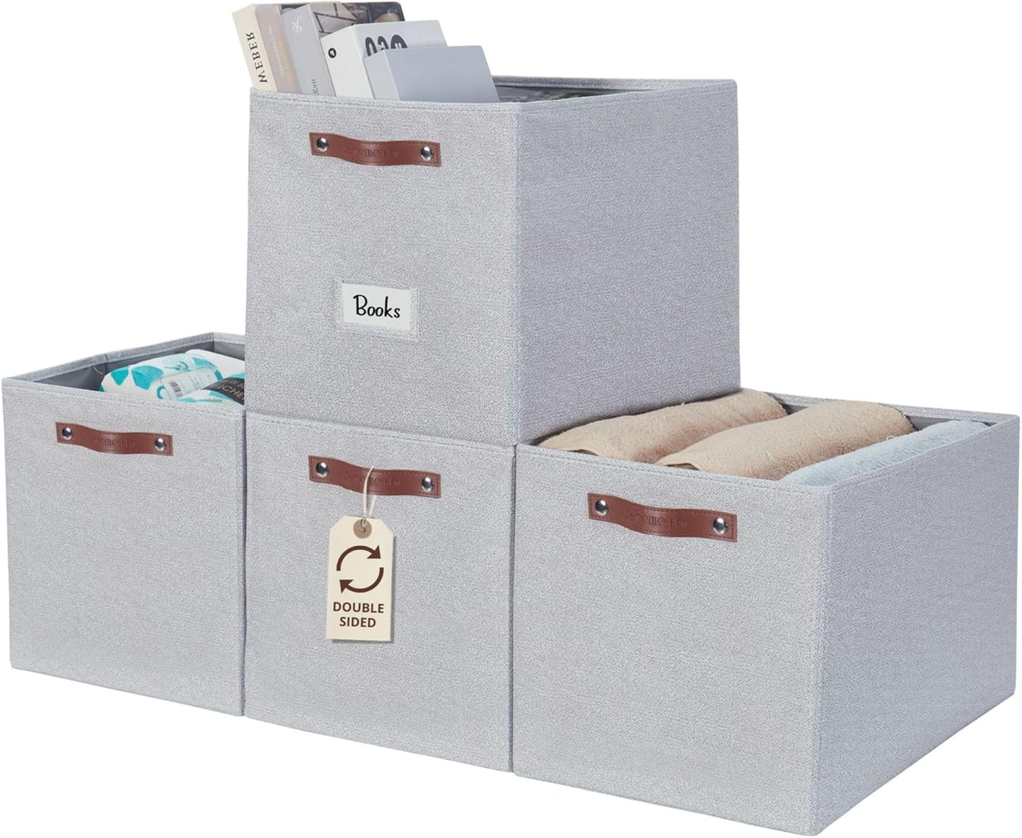 DECOMOMO Storage Bins, Cube Storage Bin with Labels, Fabric Storage Cubes for Shelves (10.5" x 11" / 6pcs, Beige)