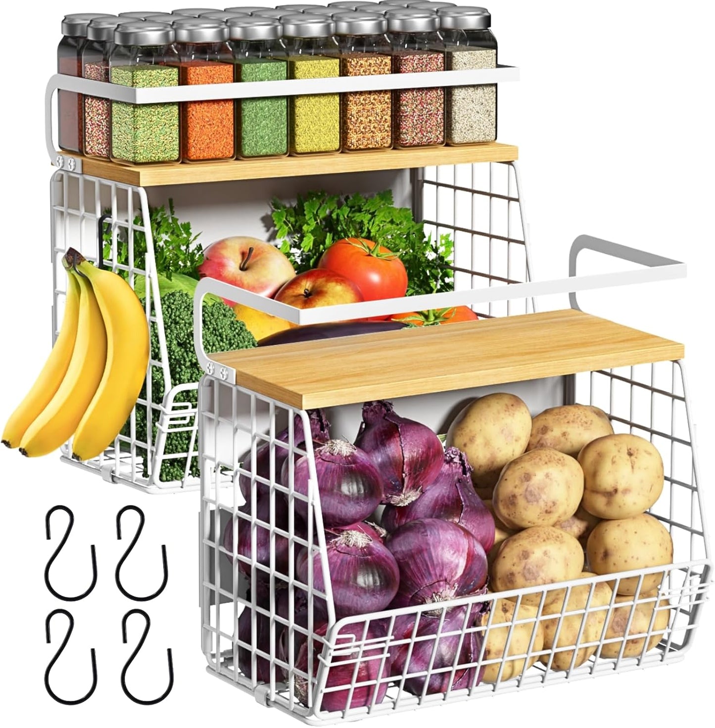 Ofiray-home Magnetic Shelf for Fridge with Wood Lid, Fruit Potato and Onion Storage Bins, Pantry Organizers & Storage, Large Container Magnetic Spice Rack for Refrigerator, Kitchen Counter, Cabinet