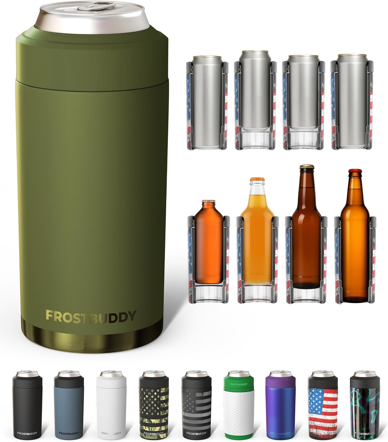 Frost Buddy Universal Can Cooler - Fits All - For Regular 12 & 16 oz or Slim-Size Bottles - Insulated Double-Walled Stainless Steel (MatteBlack)