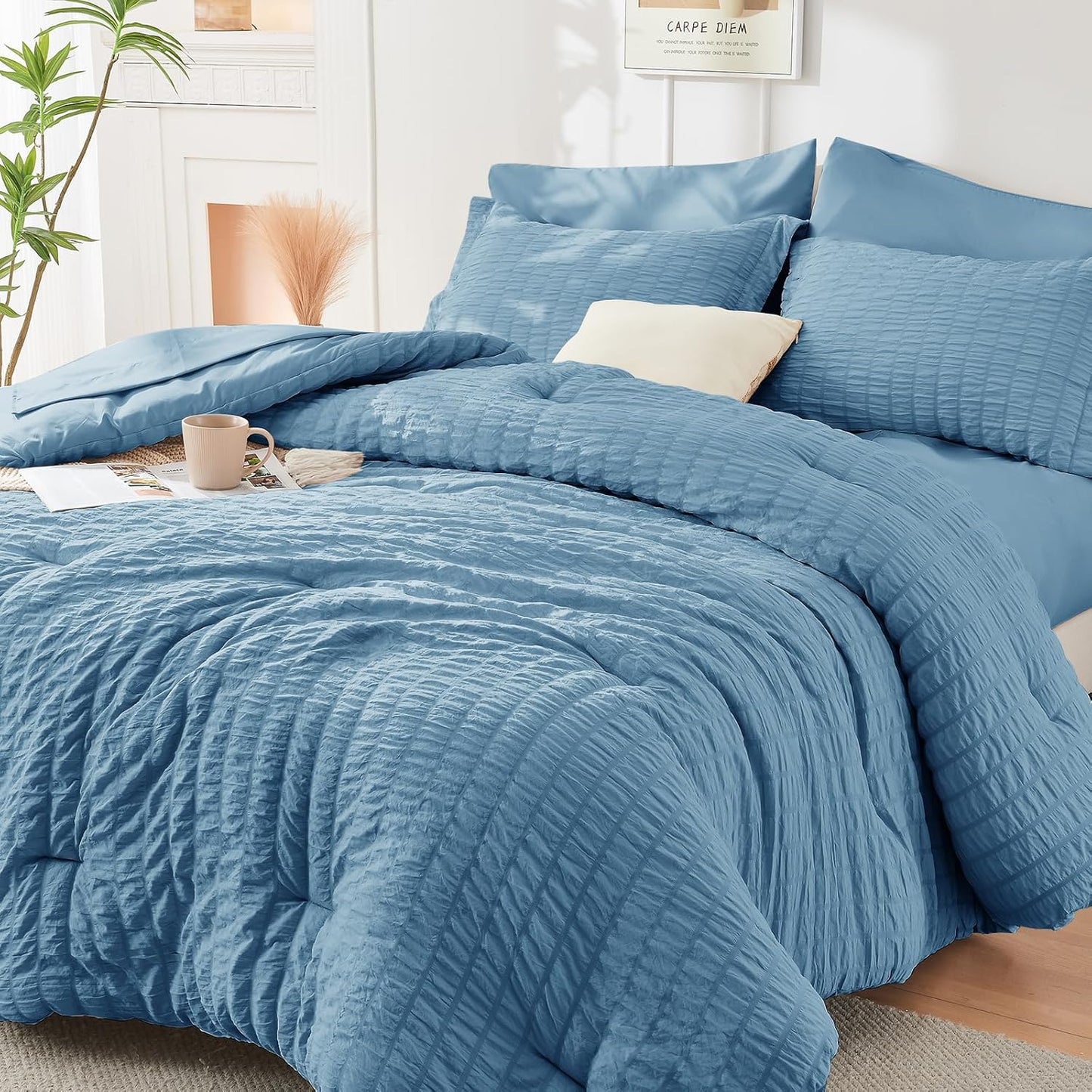 HYMOKEGE Queen Comforter Set Seersucker 7 Pieces, All Season Luxury Bed in a Bag for Bedroom, Bedding Set with Comforters, Sheets, Pillowcases & Shams, Dark Grey