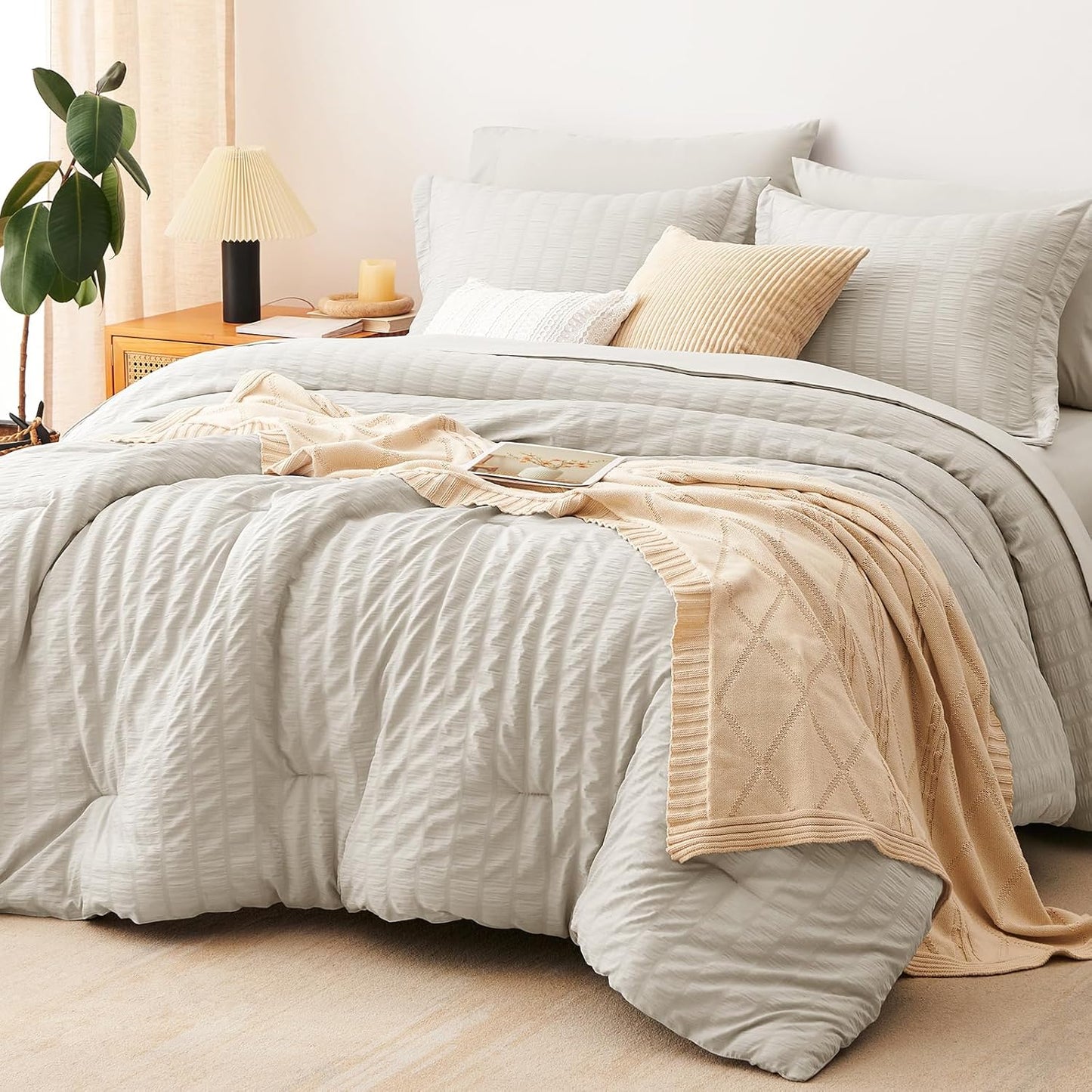 CozyLux Queen Comforter Set White Seersucker 7 Pieces Bed in a Bag Queen Comforter Set with Sheets, Luxury Soft Bedding Set with Down Alternative Comforter, Sheets, Pillowcases & Shams for All Seasons