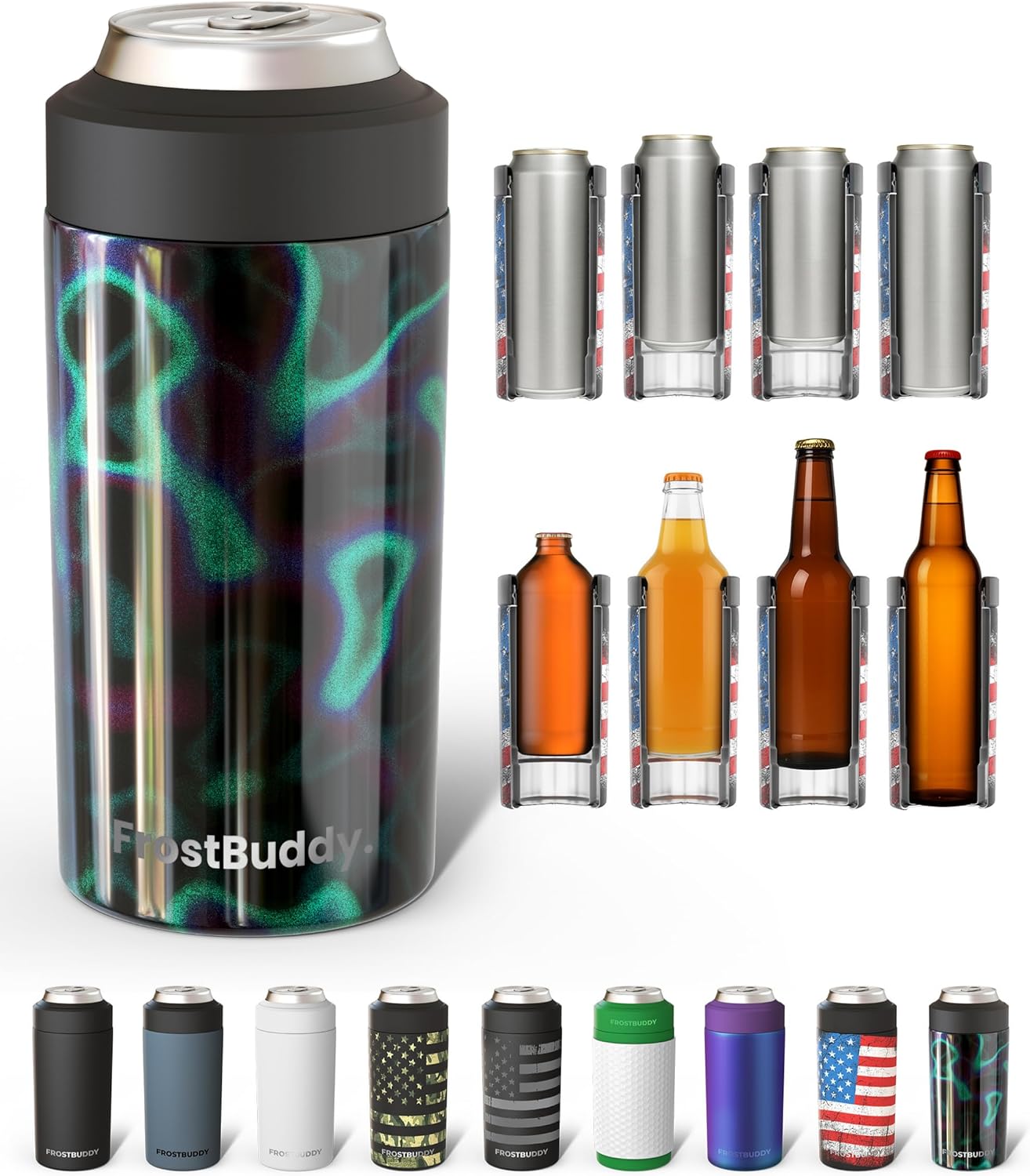 Frost Buddy Universal Can Cooler - Fits All - For Regular 12 & 16 oz or Slim-Size Bottles - Insulated Double-Walled Stainless Steel (MatteBlack)