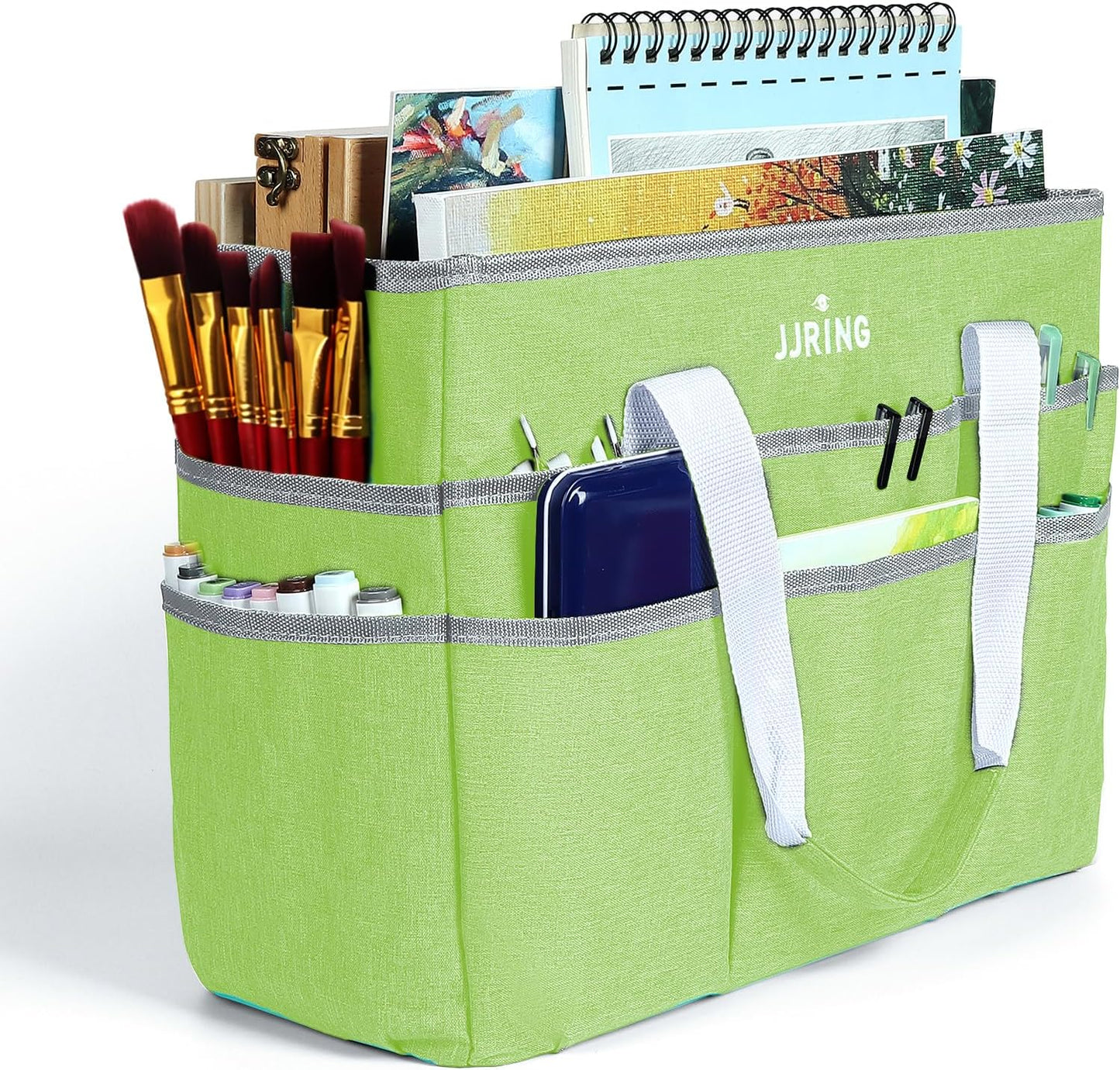 JJRING Craft Organizer Tote Bag, Large Art Storage Caddy with Multiple Pockets, Bluish Green Sewing Bag for Art, Craft, Scrapbooking, School, Medical, and Office Supplies Storage