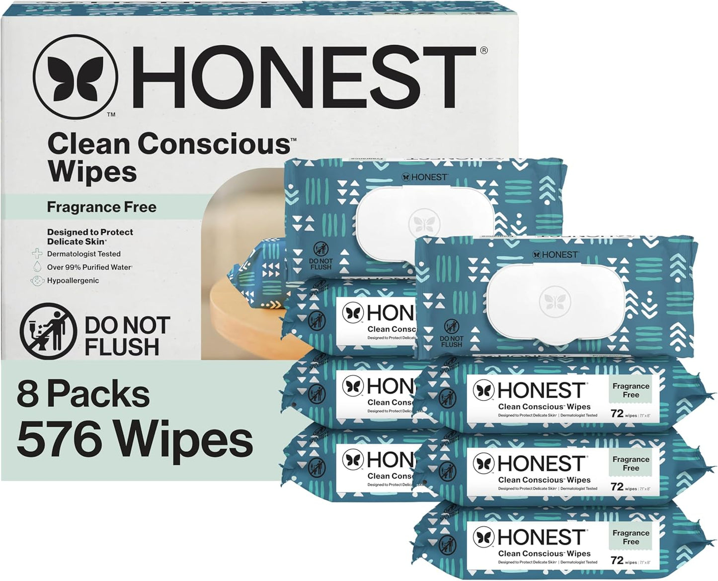 The Honest Company Baby Wipes for Sensitive Skin, Hypoallergenic, Fragrance-Free, Multi-Use, Pattern Play Design, 720 Count (8 Packs of 90)