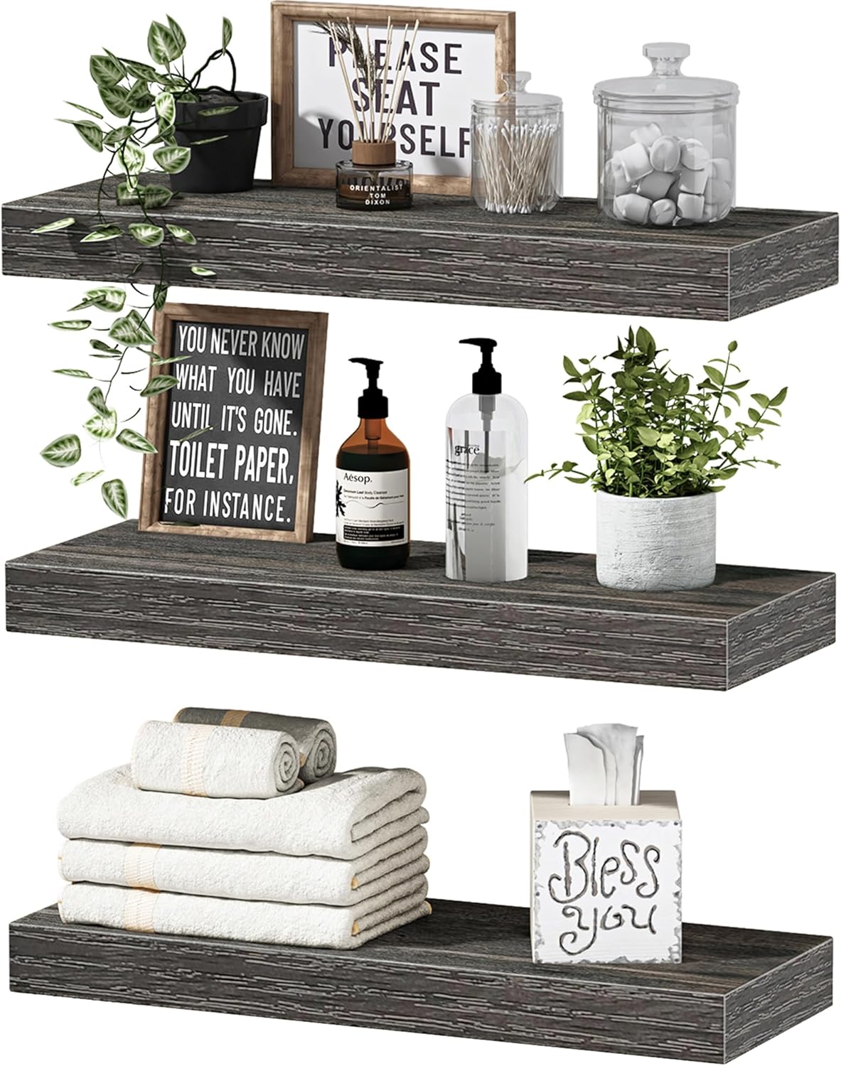 QEEIG Floating Shelves for Wall Bathroom Shelf Bedroom Kitchen Living Room Hanging Book Shelves Small Farmhouse Decor 16 inch Set of 3, Rustic Brown (015-BN3)