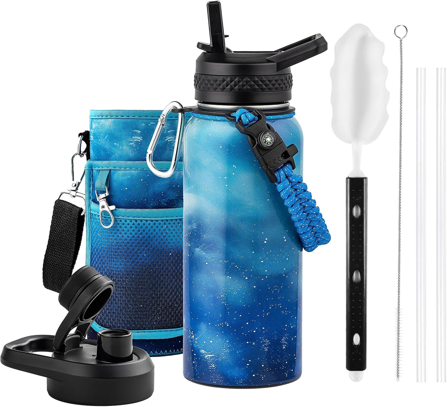 One Gallon Water Bottle Insulated, Triple Walled Vacuum Stainless Steel (Cold for 48 Hrs), Leak Proof & Non-BPA, Large Water Flask Jug with Paracord Handle & Straw Spout Lids