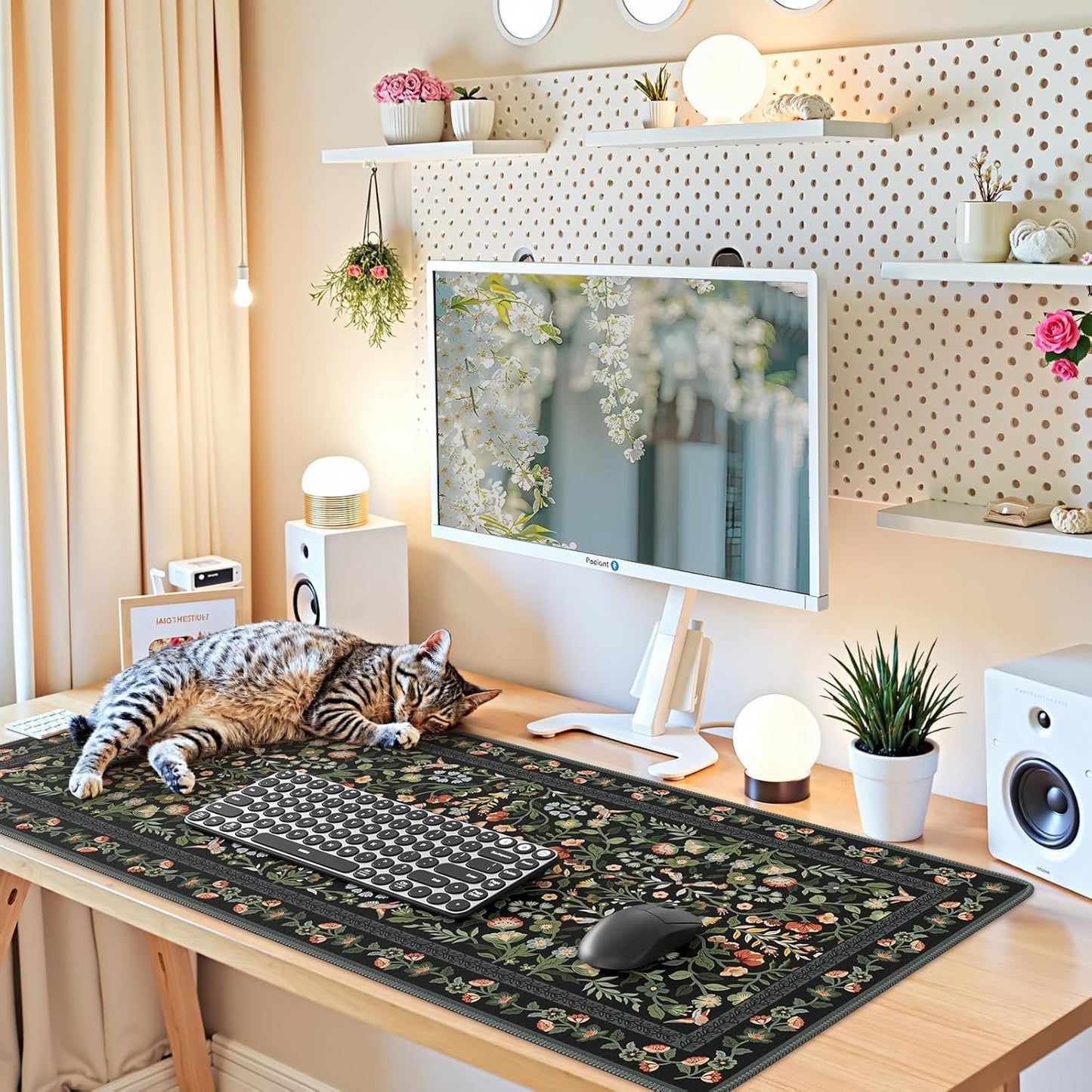 iCasso Pink Floral Desk Mat, Desk Pad, XXL Large Mouse Pad, Anti-Slip Big Mousepad with Stitched Edges, Computer Mouse Pads for Desktop Decor, Cute Office Desk Accessories for Women(Pink)