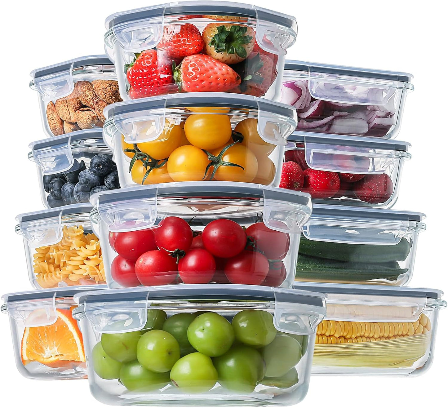 HOMBERKING 24pc Borosilicate Glass Food Storage Containers with Snap Locking Lids, Glass Meal Prep Containers, Airtight Lunch Boxes, Oven, Freezer and Dishwasher Safe, BPA Free, Kitchen Storage Set