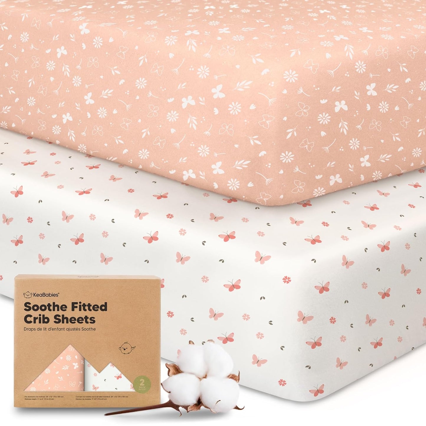 KeaBabies 2-Pack Organic Crib Sheets for Boys, Girls - 52x28 Fitted Crib Mattress Sheet Neutral, Breathable Jersey Cotton Cover for Baby Bed, Toddler Mattress, Soft & Cute Prints (Soft White)