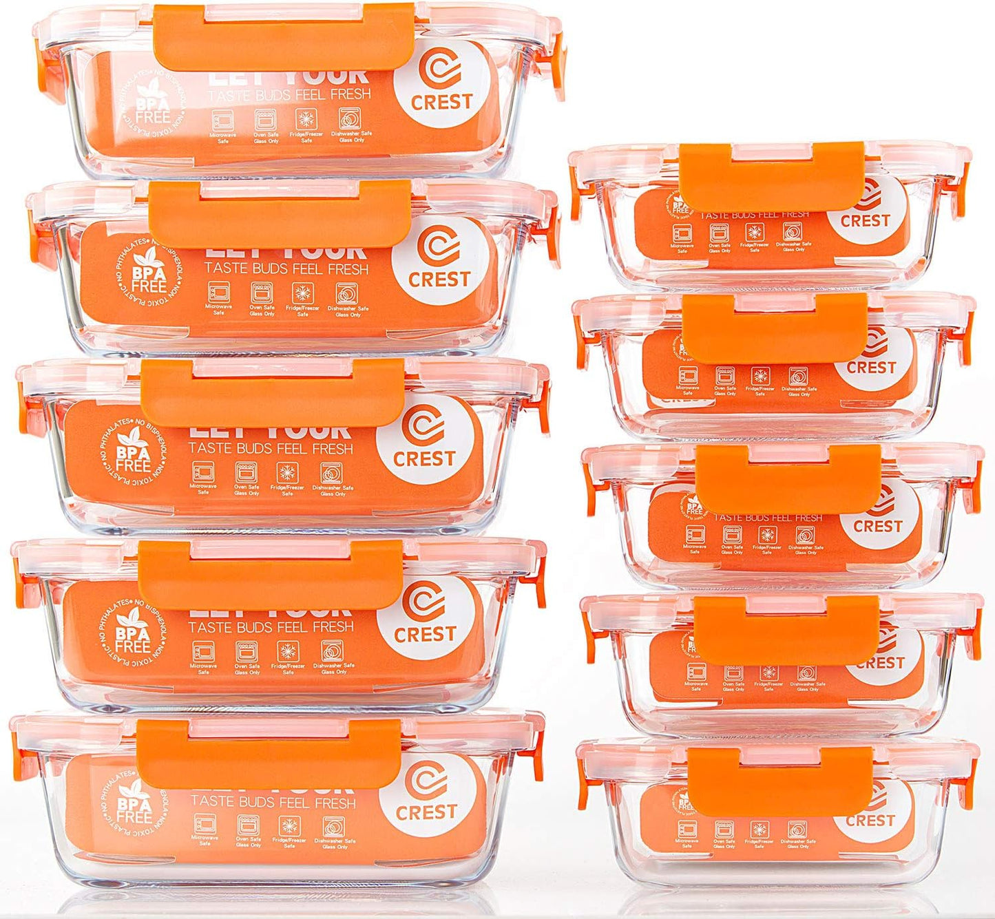 C CREST [10 Pack] Glass Meal Prep Containers, Food Storage Containers with Lids Airtight, Glass Lunch Boxes, Microwave, Oven, Freezer and Dishwasher Safe