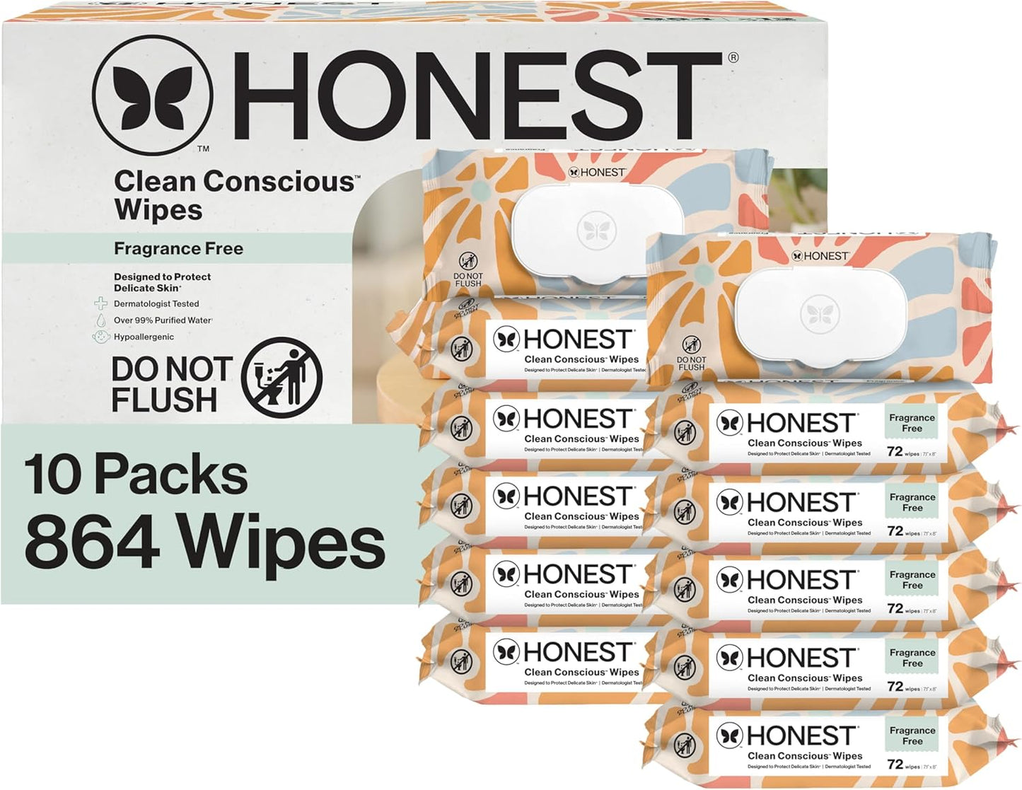 The Honest Company Baby Wipes for Sensitive Skin, Hypoallergenic, Fragrance-Free, Multi-Use, Pattern Play Design, 720 Count (8 Packs of 90)