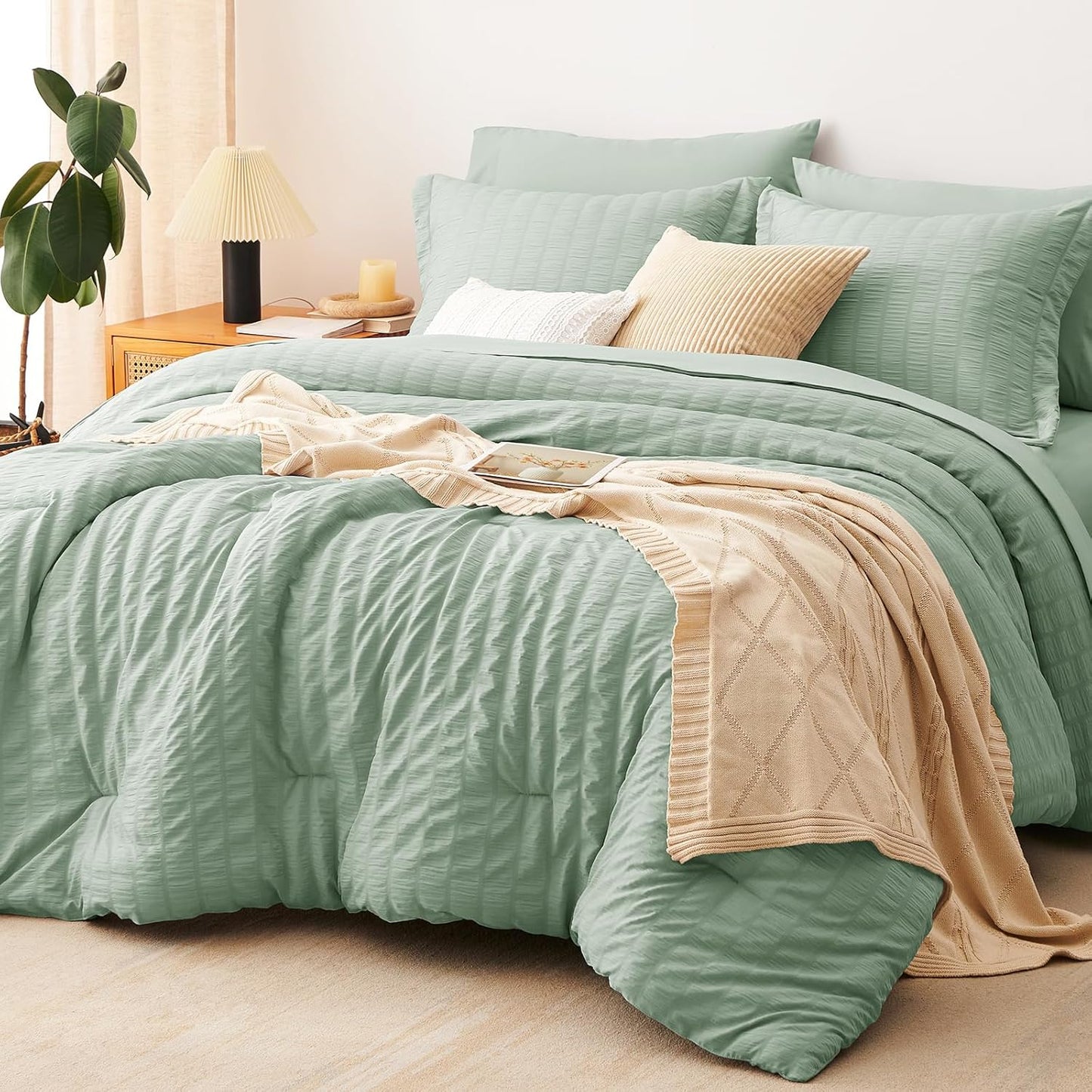 CozyLux Queen Comforter Set White Seersucker 7 Pieces Bed in a Bag Queen Comforter Set with Sheets, Luxury Soft Bedding Set with Down Alternative Comforter, Sheets, Pillowcases & Shams for All Seasons
