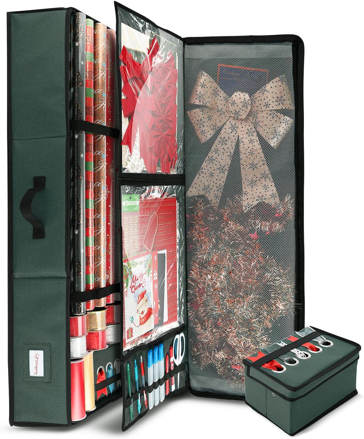 Hearth & Harbor Wrapping Paper Storage Container with Ribbon Dispenser and Interior Pockets - Large Christmas Storage Containers with Wheels, Fits 30 Rolls of 40" Length, Blue